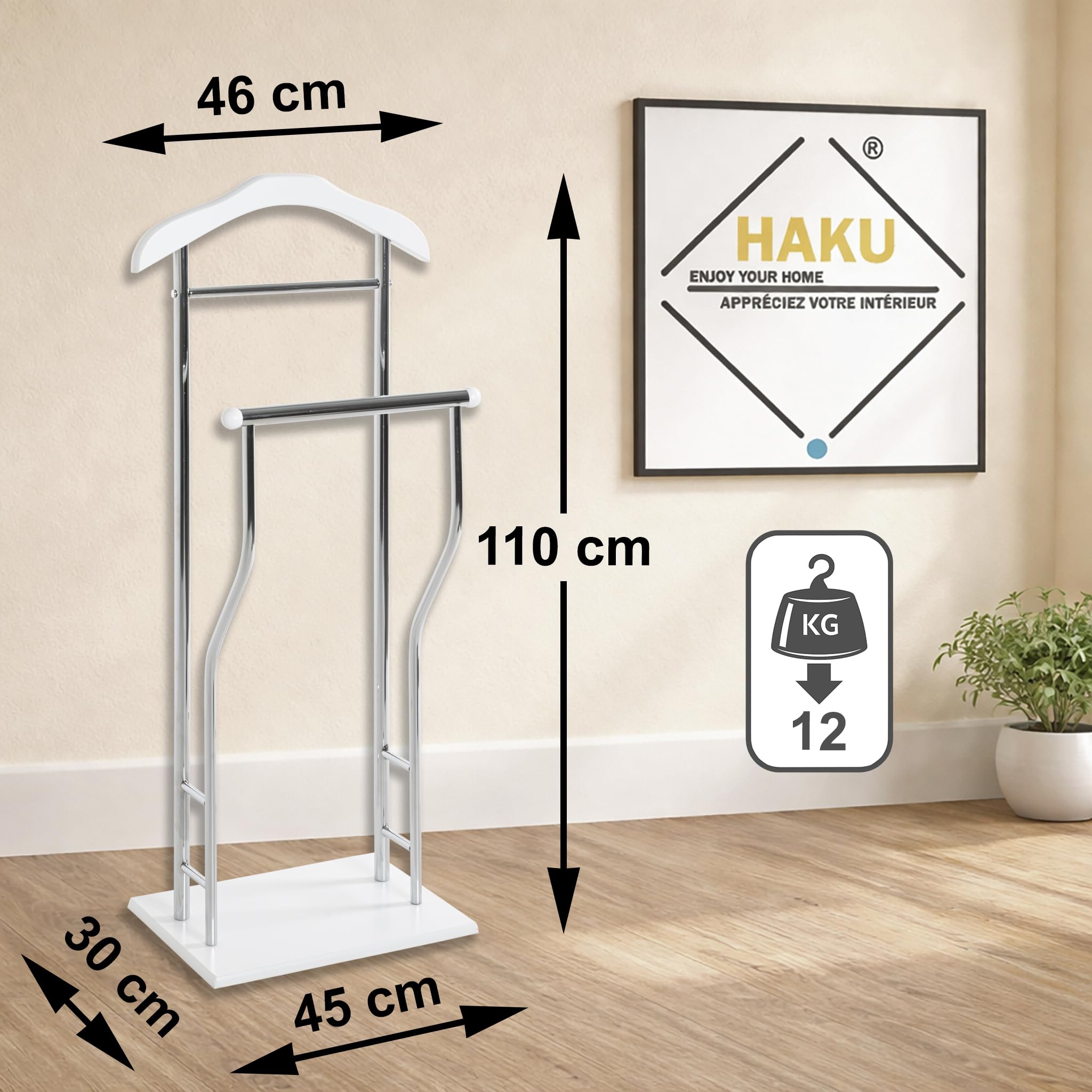 HAKU Herrendiener für Schlafzimmer stiller Diener Badezimmer chrom, weiß, MDF Metall - Maße: B 45 x H 110 x T 30 cm, Style: Modern