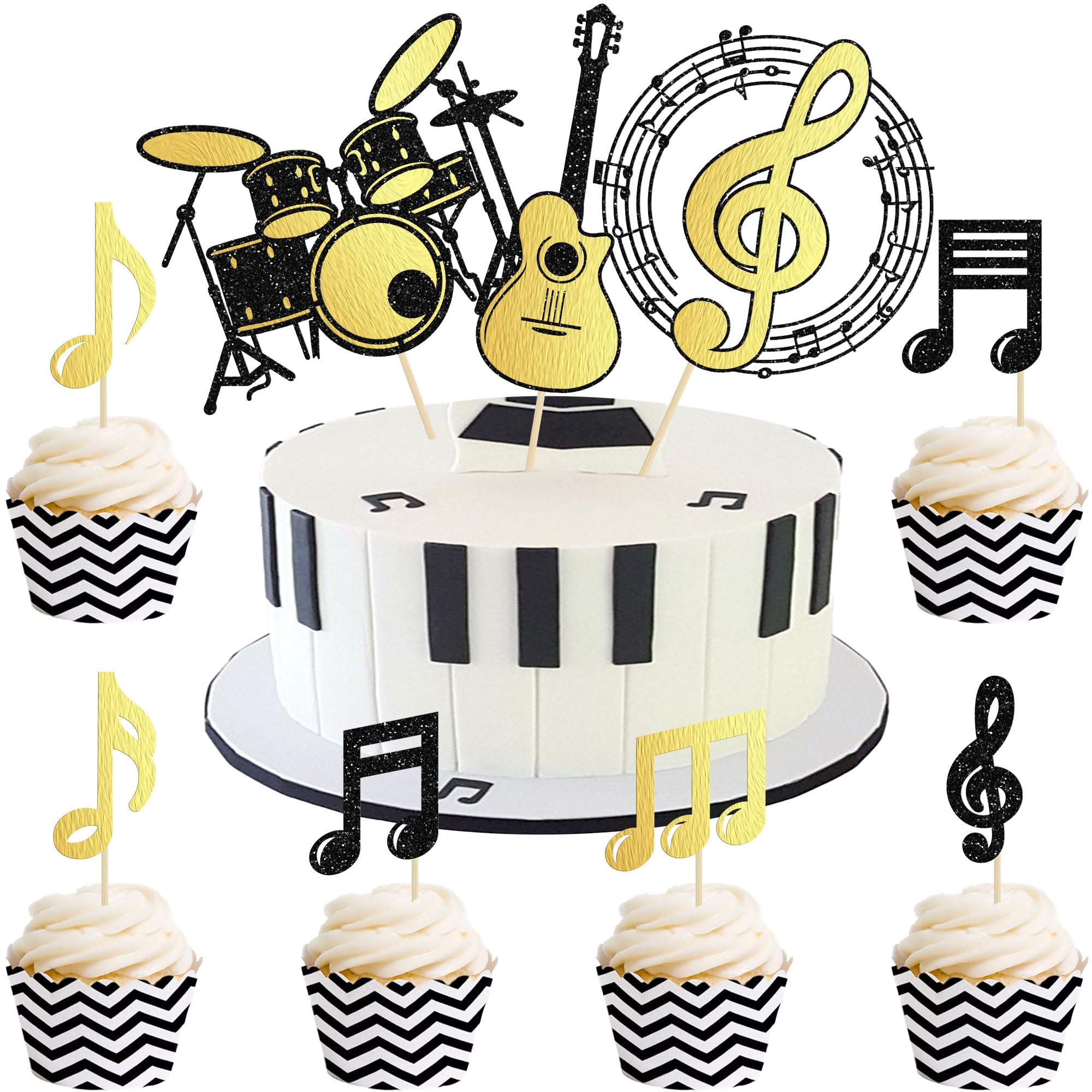 Gyufise 9Pcs Music Theme Cake Topper Glitter Guitar Drums Musical Symbols Cake Pick Art Music Note Musician Cake Decorations for Birthday Wedding Anniversary Party Cake Supplies