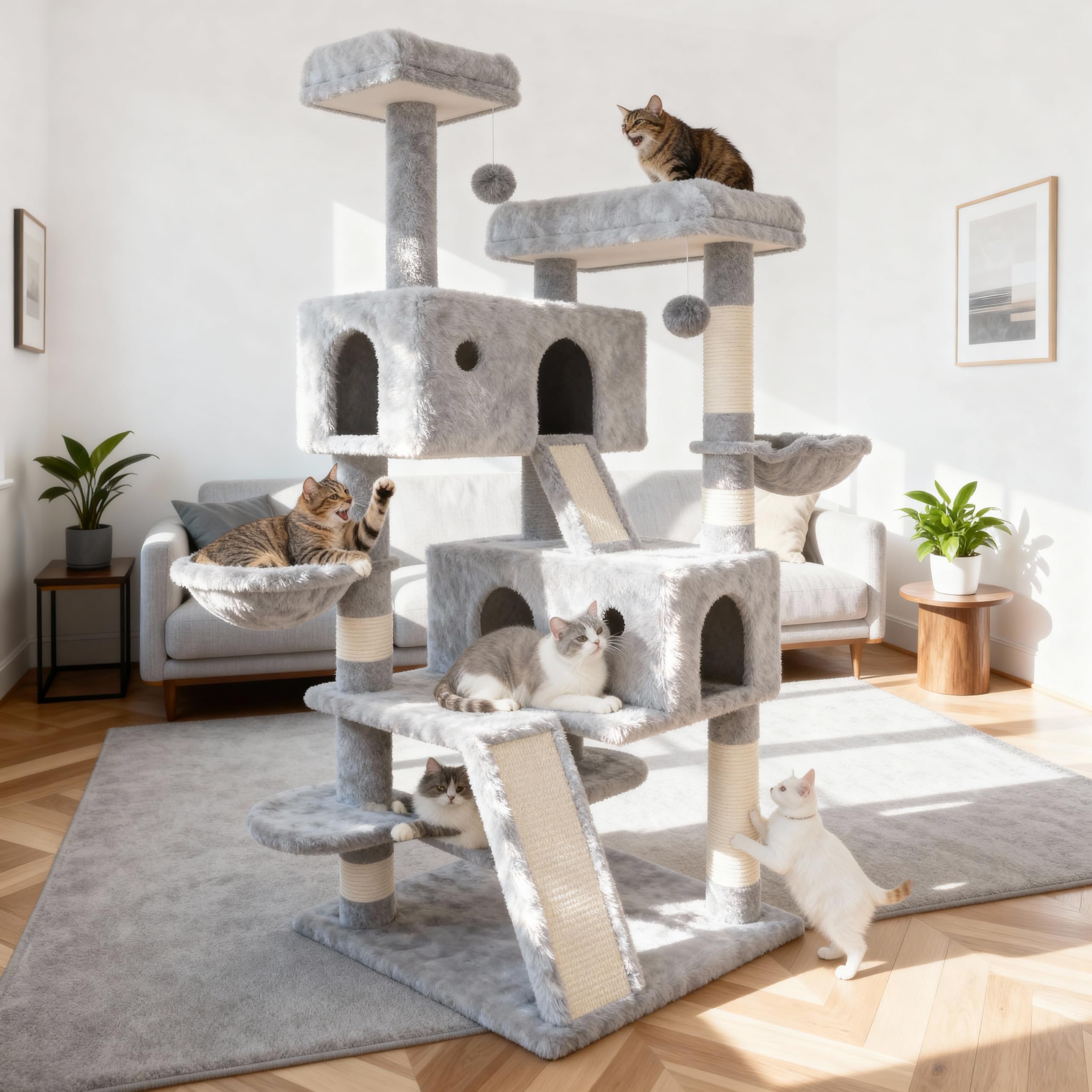 PurrFest 65 Inches Multi-Level Large Cat Tree Tower for Indoor Big Cats/Cozy Plush Perches/Cat Condo/Sisal Scratching Posts/Hammock and Baskets/Cat