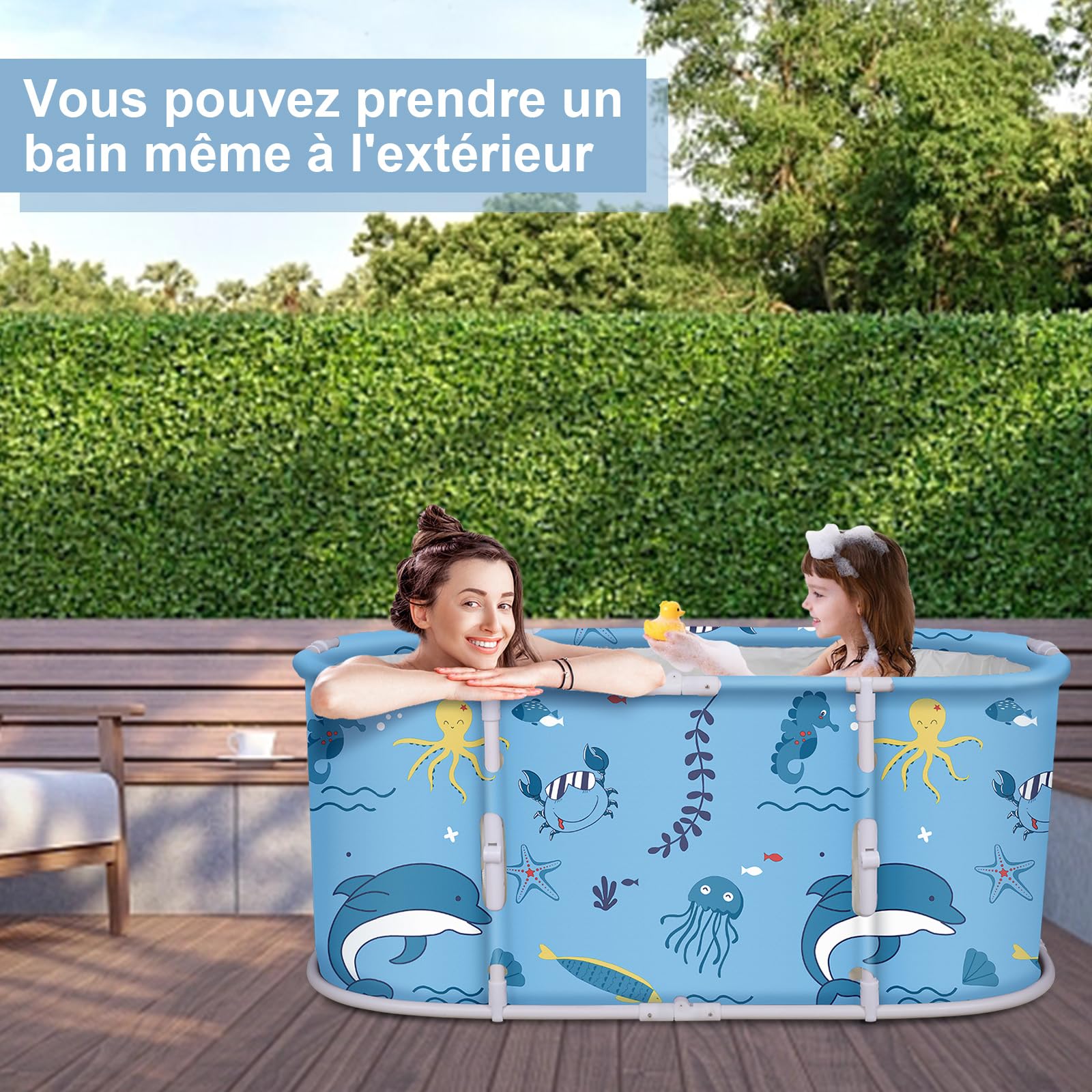 Baignoire Pliable Adulte - Pas Besoin d'Installation, Antidérapant, Pliage Facile - Pour Petite Salle de Bain, Douche, SPA - Avec Tubes en T Épais - 113x65x48cm (Bleu Clair)