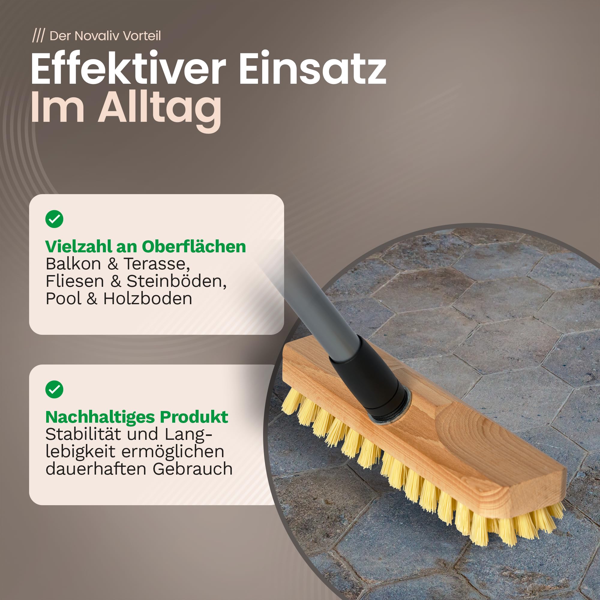 Brosse à Récurer en Bois Avec Poils | Essuie-Glace Avec Filetage et Manche Télescopique | PPN | de Sol | Idéal Pour Nettoyer Balcon, Terrasse, Jardin, Intérieur