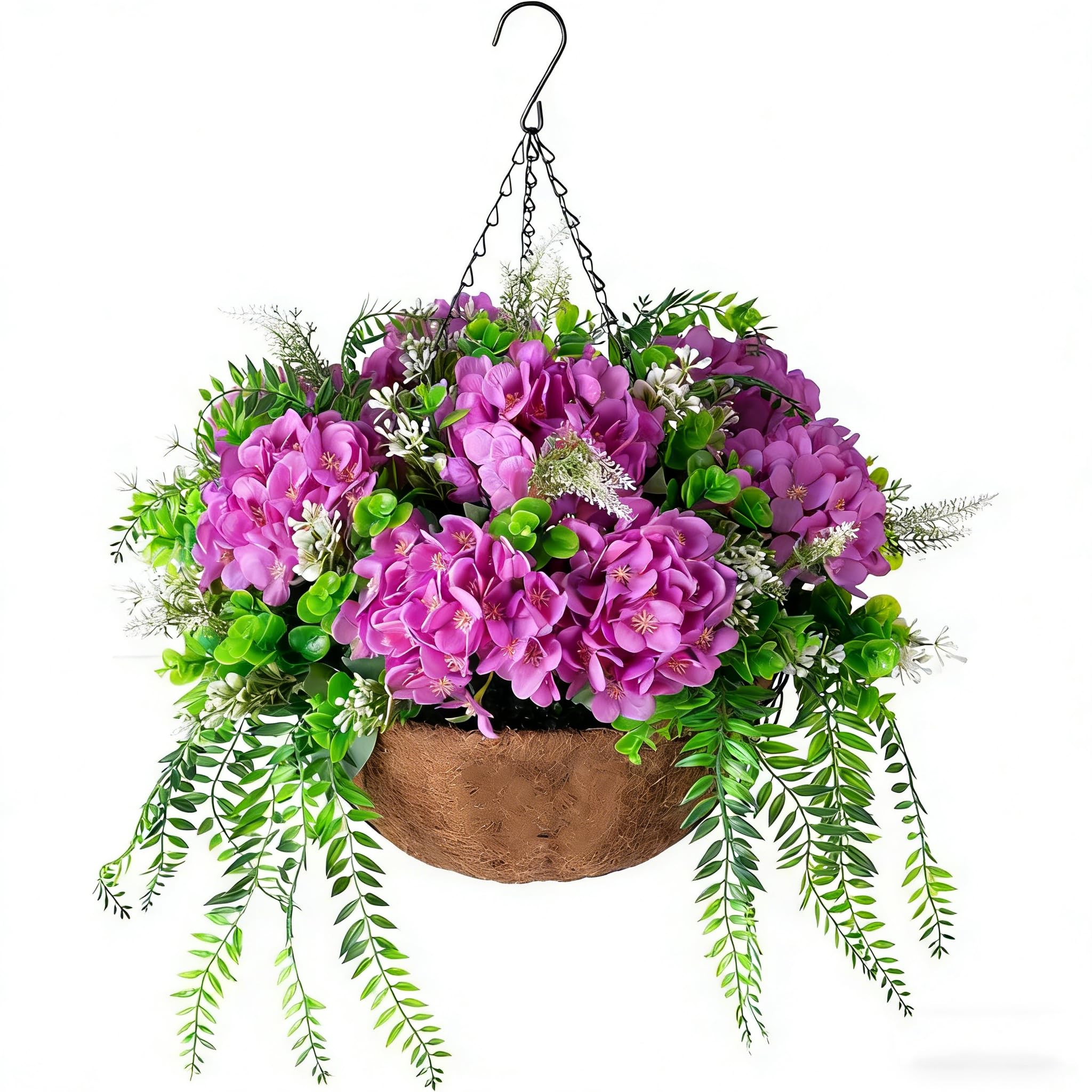 Jorcedi Purple Simulated Hanging Flower Basket Artificial Hanging Flowers Basket With Flowers Chain Hanging Basket Bracket For Home Outdoors Garden Patio (20Cm,)