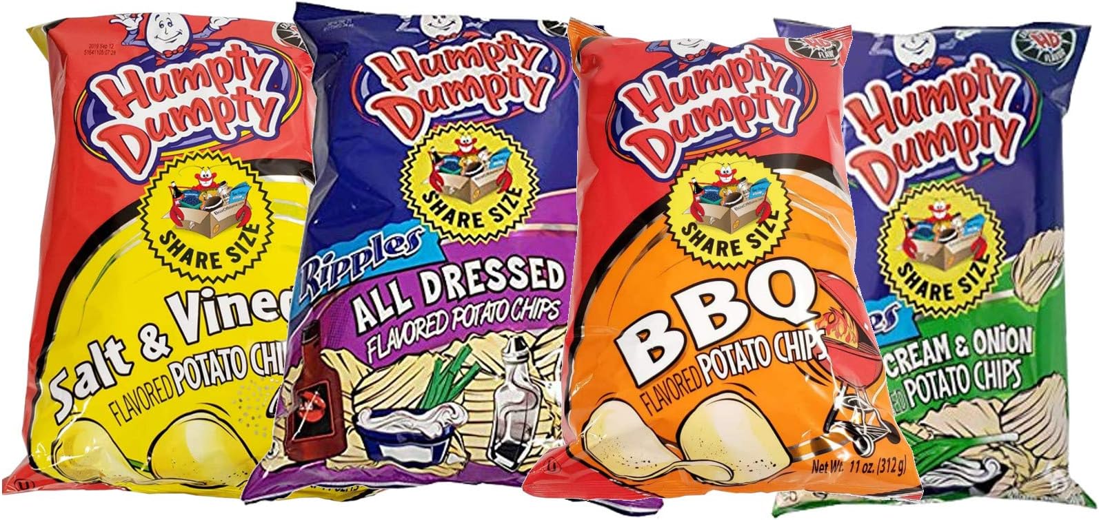 Humpty Dumpty Potato Chips, 8 Ounce, 4 Count, Assorted (BBQ, All Dressed, Sour Cream and Onion, Salt and Vinegar)