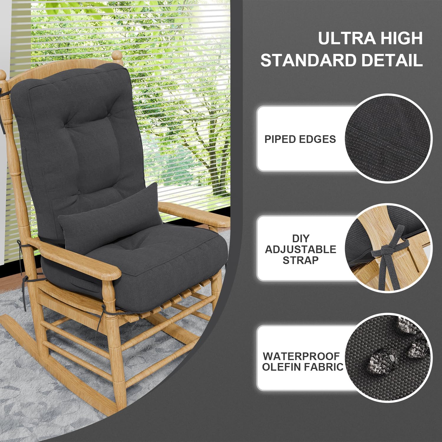 Rocking Chair Cushions with Pillow, Waterproof and Fade-Resistant Thicken Durable Tufted Chair Pads for Rocker Furniture with Ties for Indoor, Outdoor, Porch Garden, 18"x18"x5", Dark Gray