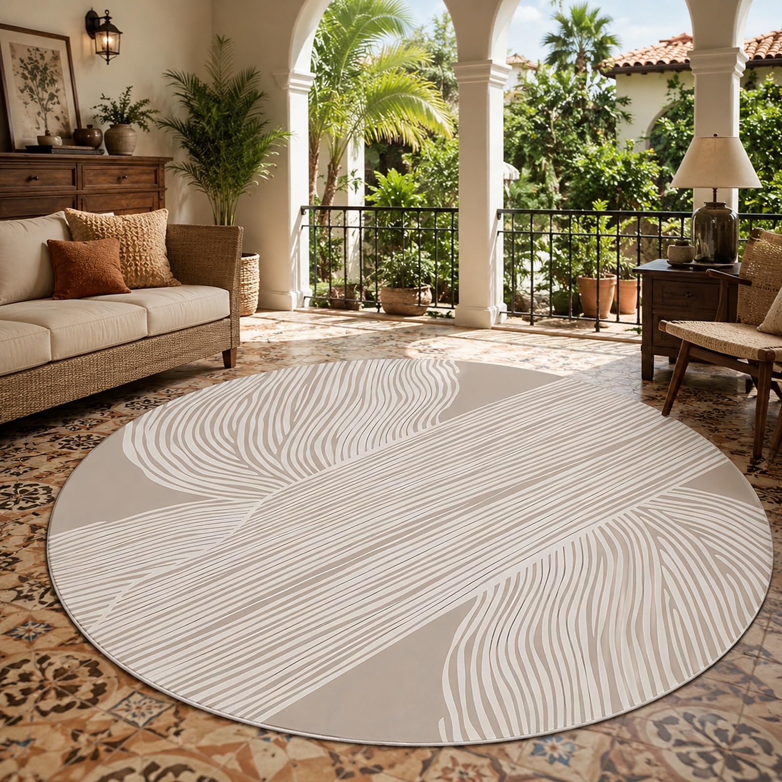 Tapis rond abstrait moderne lavable 90 cm pour déco chambre beige