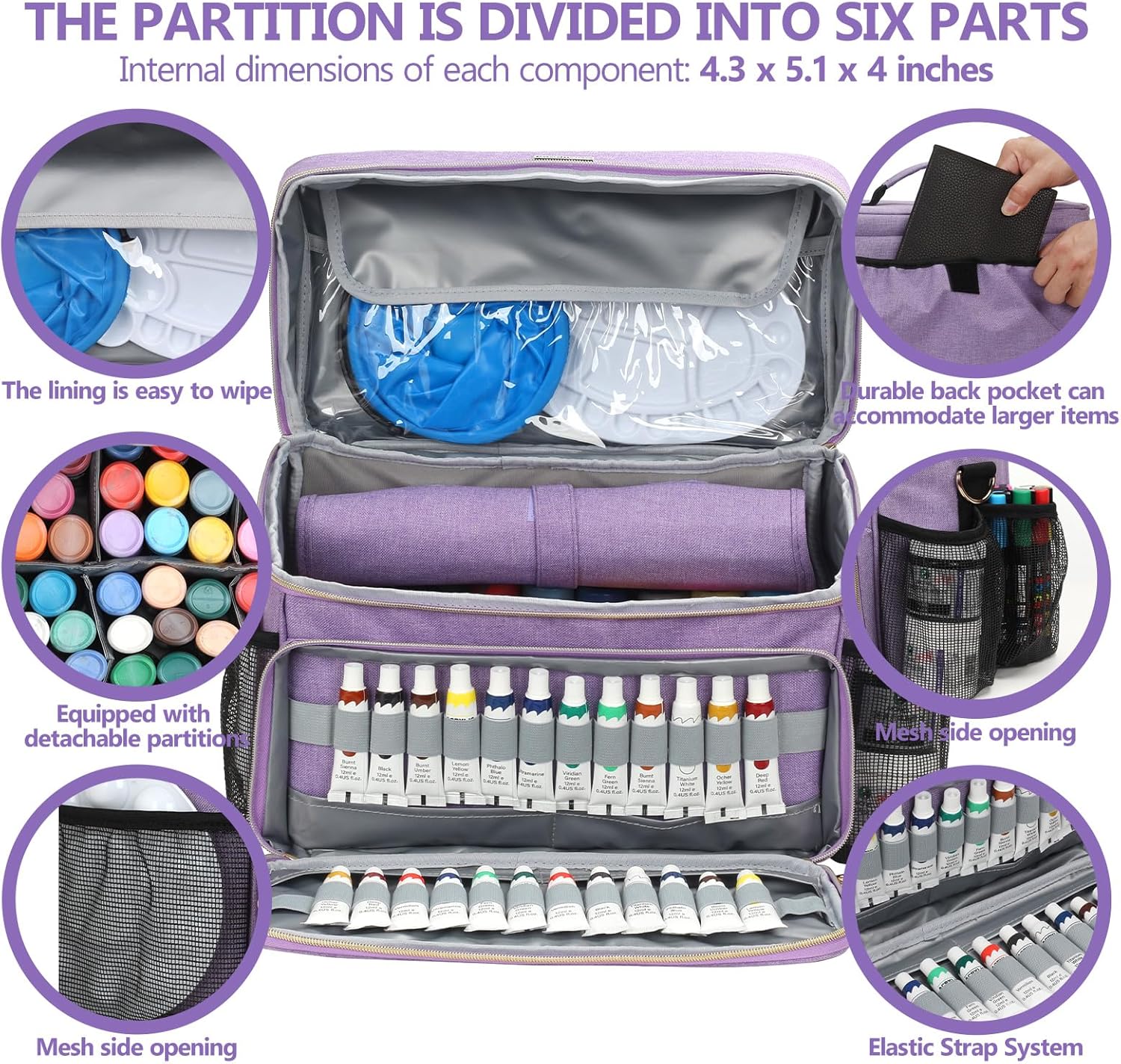 Art Supplies Organizer Storage Bag with Detachable Paint Brush Holder & Partition - Carrying Case for Home/Travel/Outdoor Fits Marks, Acrylic Paint, Palettes, Folding Buckets, Portfolios (Pro Purple)