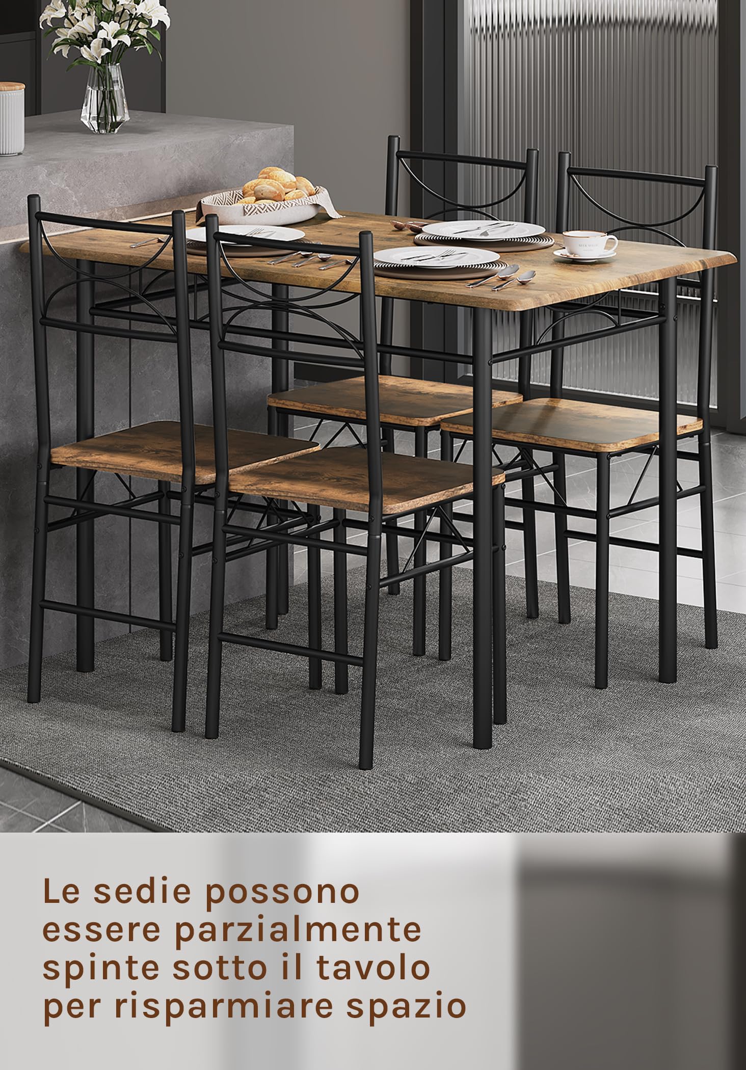 WOLTU Set da Pranzo per 4 Persone, Tavolo Industriale con 4 Sedie, MDF e Struttura in Metallo, Facile da Montare e Pulire,Marrone Rustico + Nero