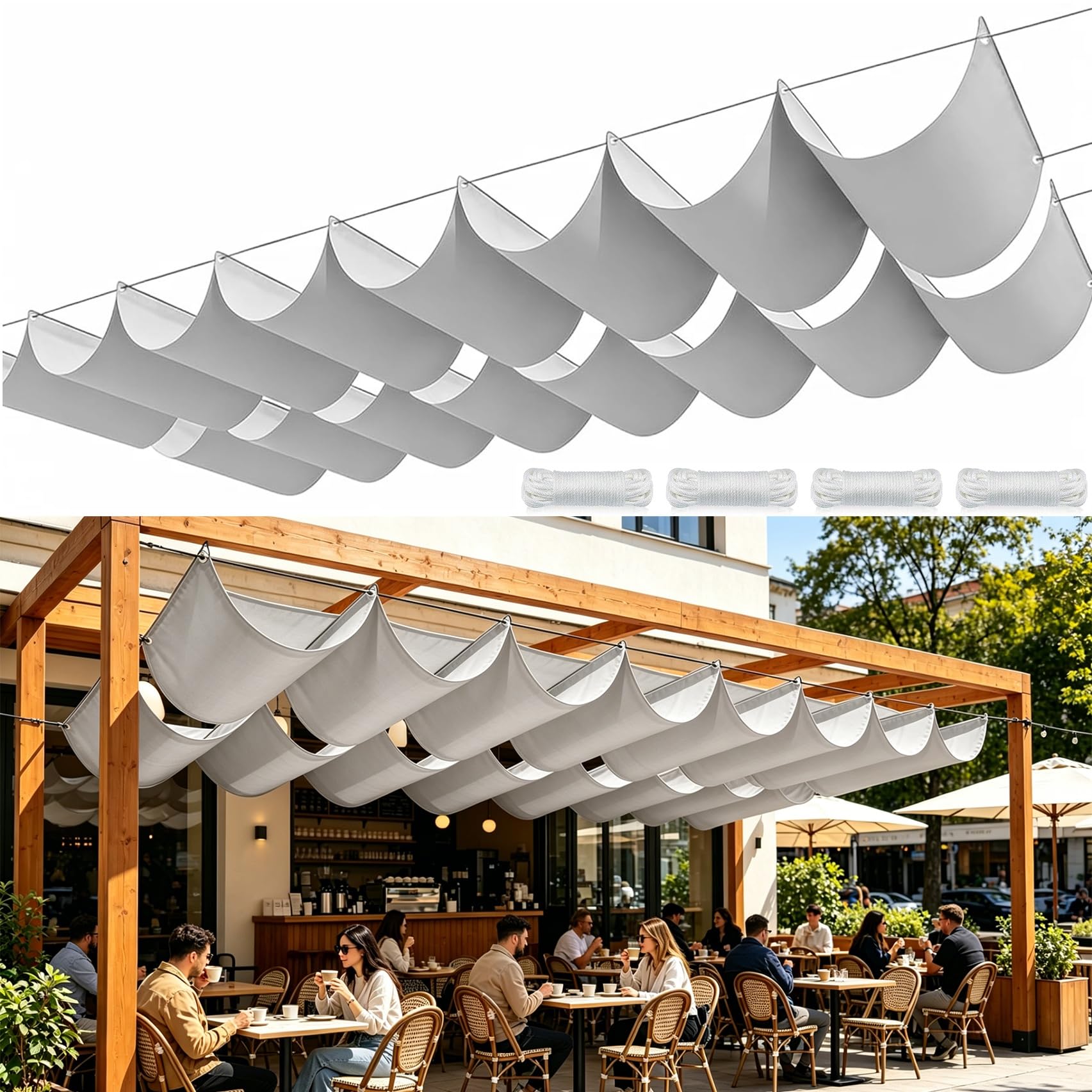 Toldo retráctil para balcón y patio gris claro que decora zonas de descanso exteriores