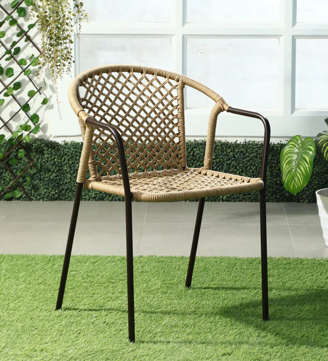 1 Seater Arm Chair Furniture 1 Rope Chairs with Cushions Garden Outdoor Furniture, Beige Rope/Brown Color-image-34