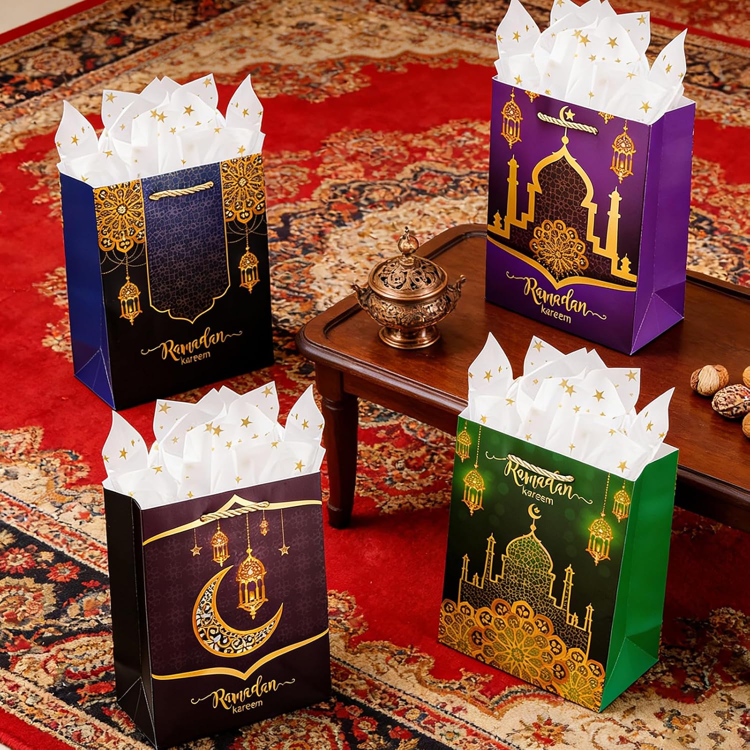 Enfoldia 4Pcs 9" Medium Ramadan kareen Gift Bags with Handles Gold Star Tissue Paper Ramadan Kareem Party Favor Bags Eid Mubarak Party Goodie Gift Treat Bags Reusable Paper Bags Islam Party Decorations image 5