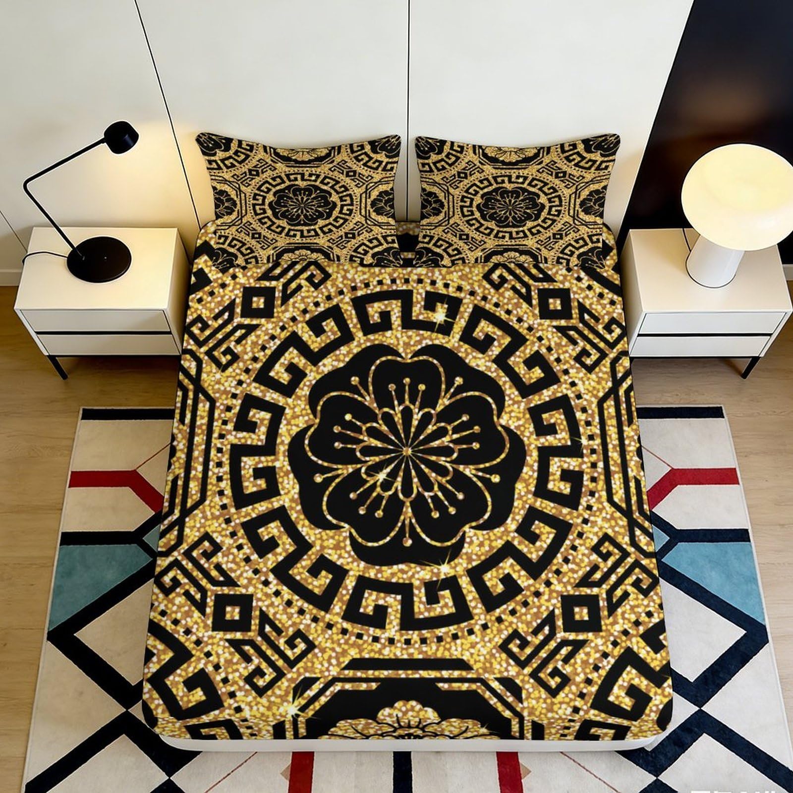 3D Printed Gold Black Mandala Fitted Sheet Microfiber Soft Durable Geometric Bed Cover for Bedroom Dormitory Guest Room Mattress Protection 140x200x25cm