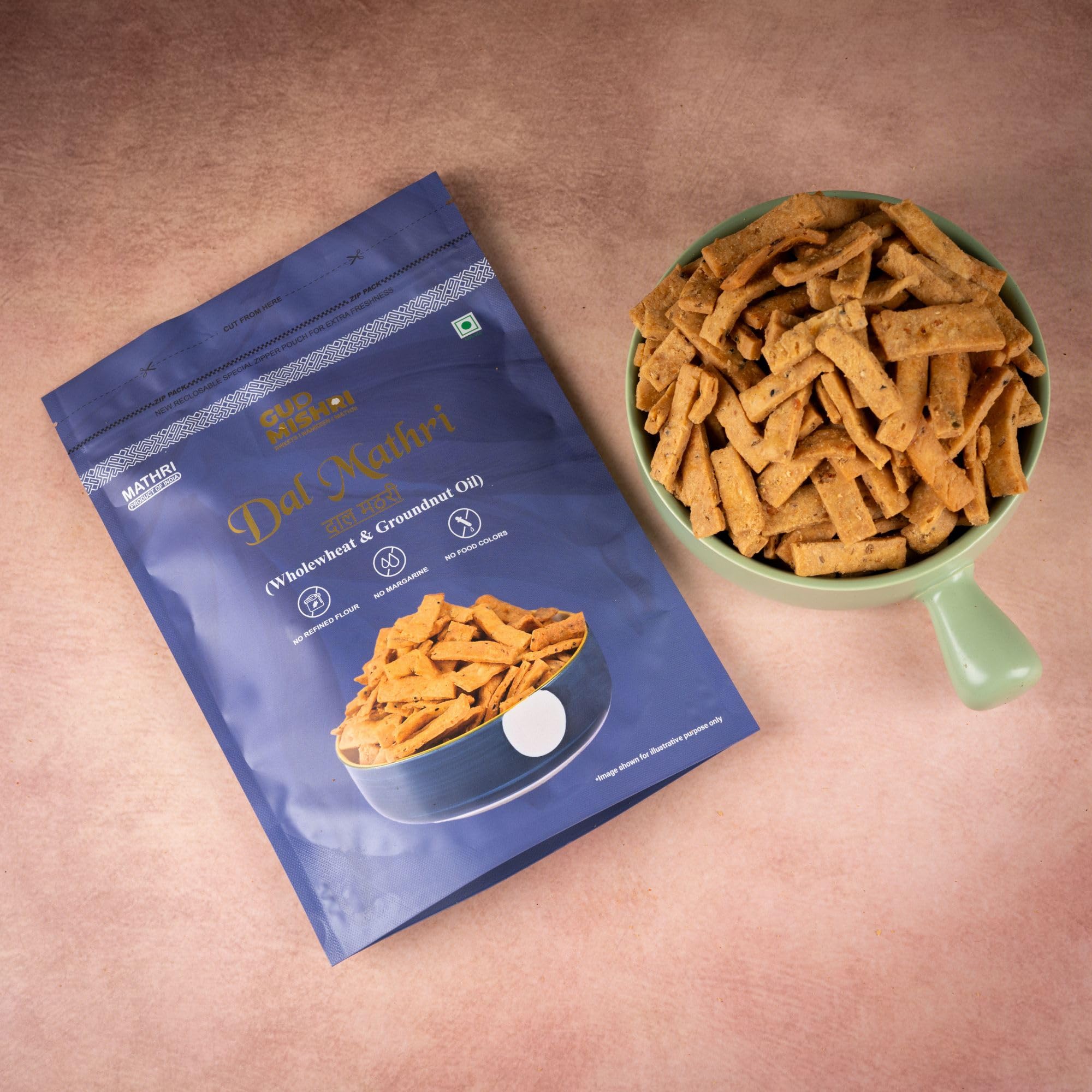 Gud Mishri Dal Aata Mathri 380 Gm | Whole Wheat Crispy Mathri Snack | Made in Groundnut Oil | No Refined Flour, No Margarine & No Food Colors | Traditional Indian Tea-Time Namkeen | Crunchy Festive Snack