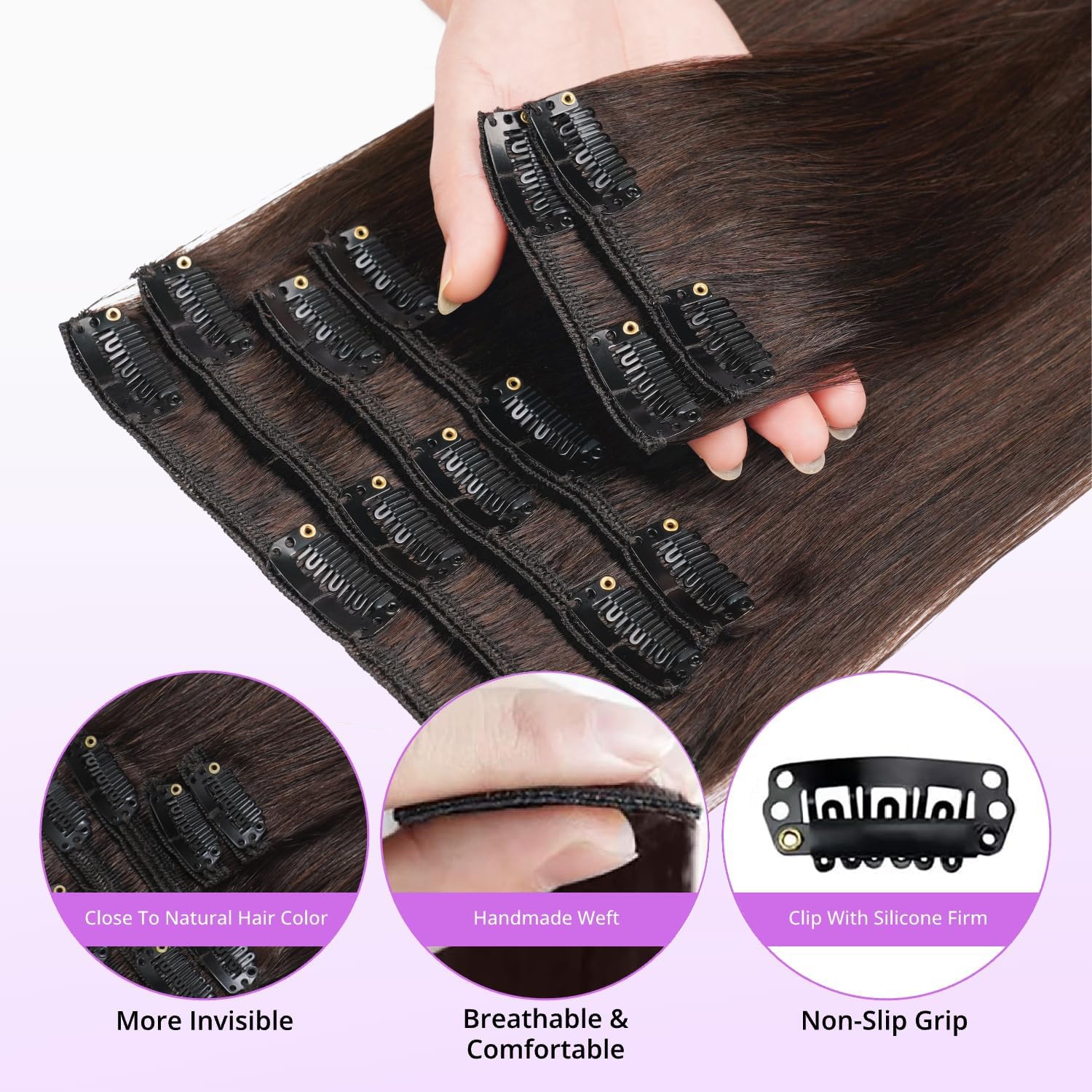 Clip in Hair Extensions Real Human Hair,100% Seamless Invisible Remy Human Hair Silky Straight,Clip Extensions for Women, 8pcs Per Set with Double Weft,2 Dark Brown,24inch 120g/4.2oz