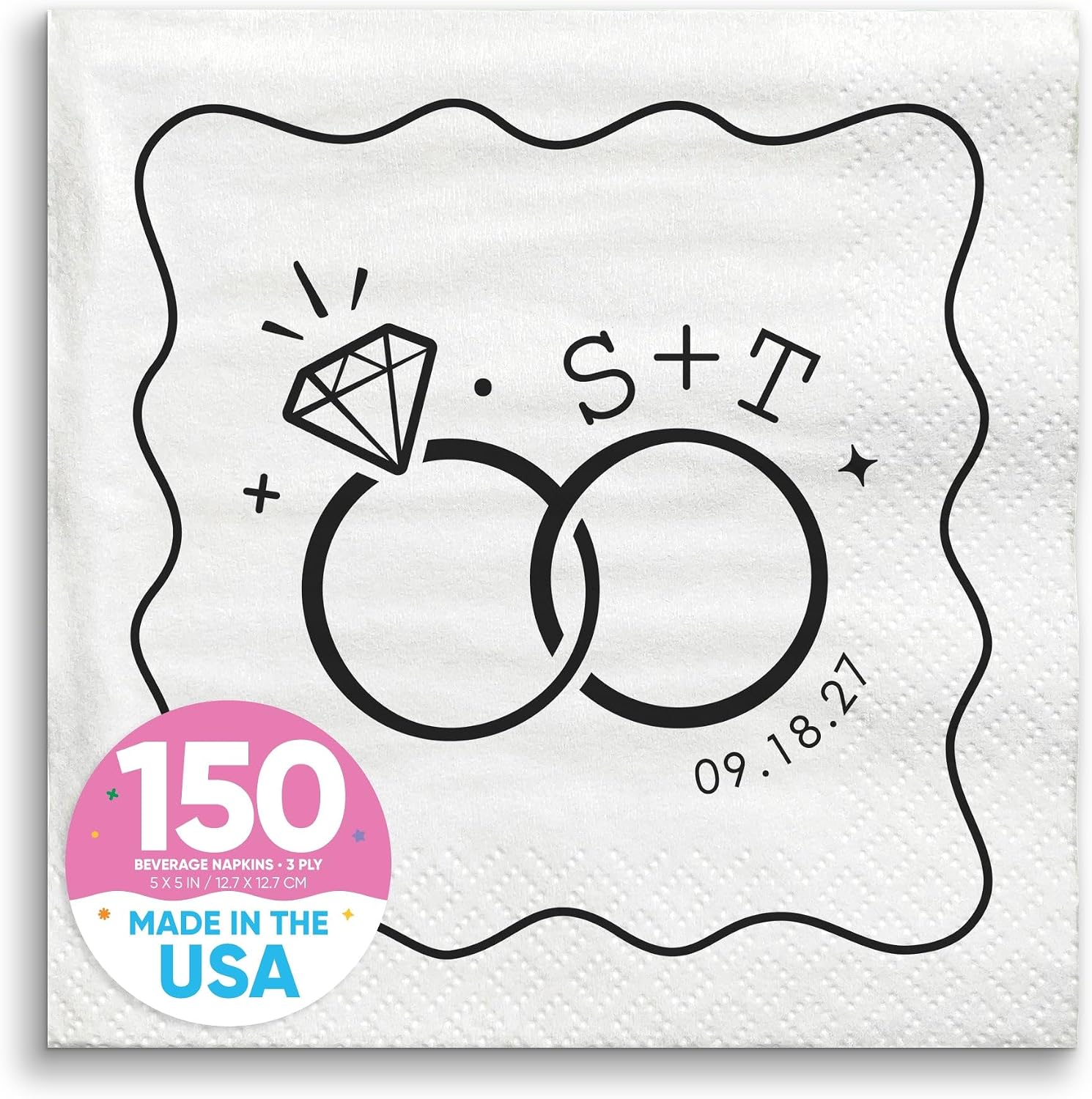 Big Dot of Happiness Personalized Wedding Rings Party Napkins, Custom Monogram Initials Engagement or Anniversary Party Decor, White 3-Ply Paper Beverage Napkins - 50 Count