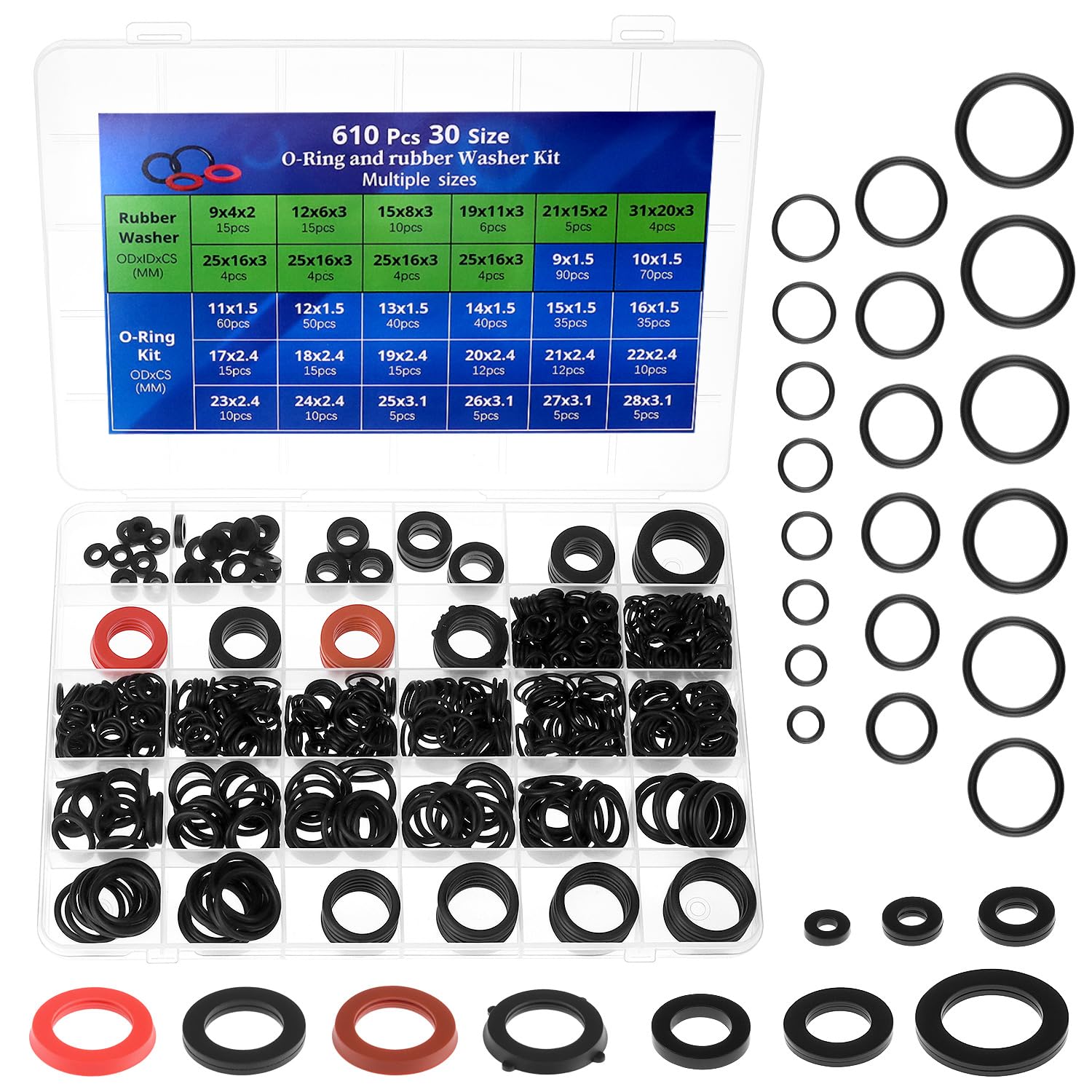 QWORK® 610 Pcs Water Hose Gasket and Nitrile O Ring Rubber Washer Set Assortment Kit for Plumbing Faucet, Pipe, Hose, and Shower Head Sealing Repair