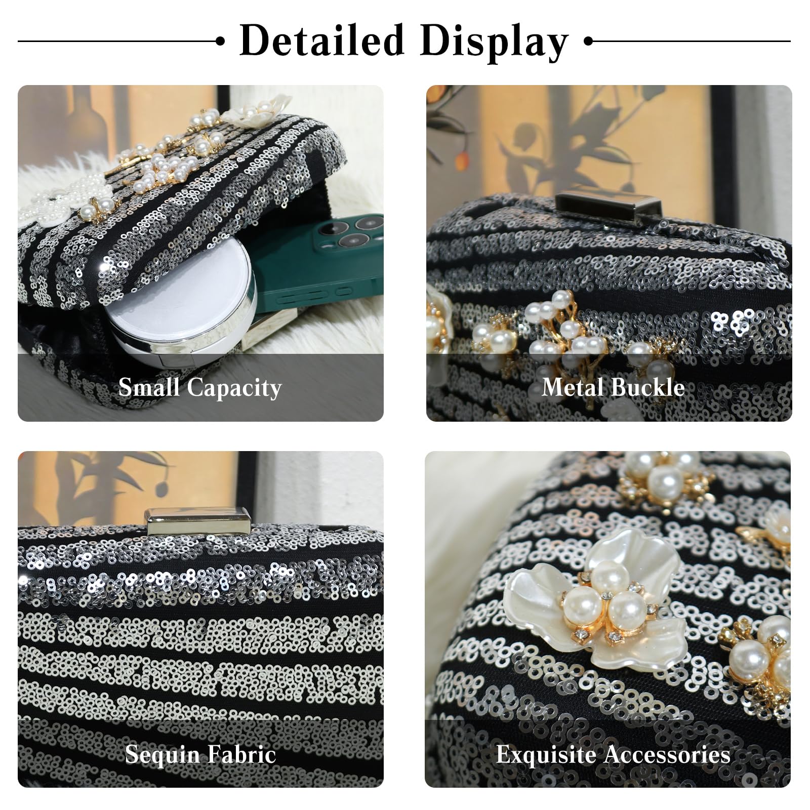 CORIOS Borsetta da Sera con Fiori Donna Clutch con Paillettes Elegante Perline Borsa a Spalla a Tracolla Pochette Piccolo con Catena Gorgeous Borsa Sposa per Cocktail Festa Ballo