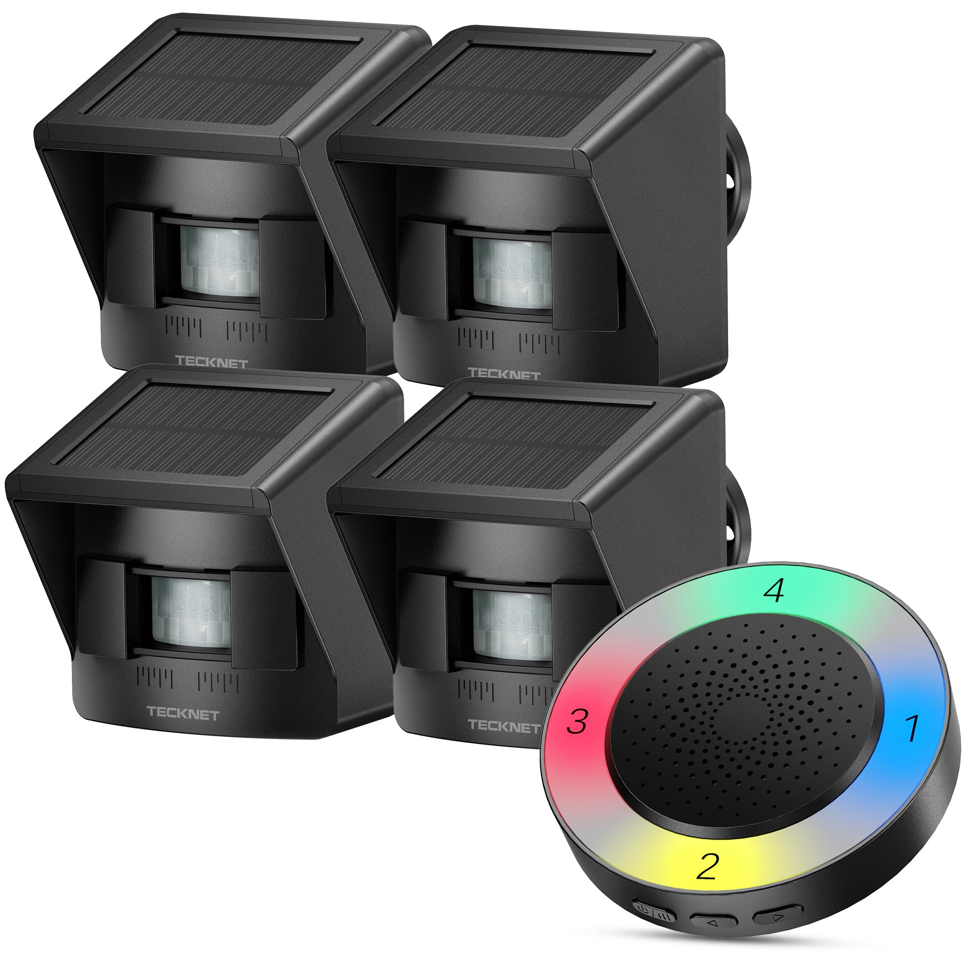 TECKNET Solar Wireless Driveway Alarm with 2600FT Long Range & 36 Melodies & 5 Volumes and Supports 4 Zones Weatherproof Motion Sensor Alarm to Protect Inside/Outside Property (1 Receiver 4 Sensor)