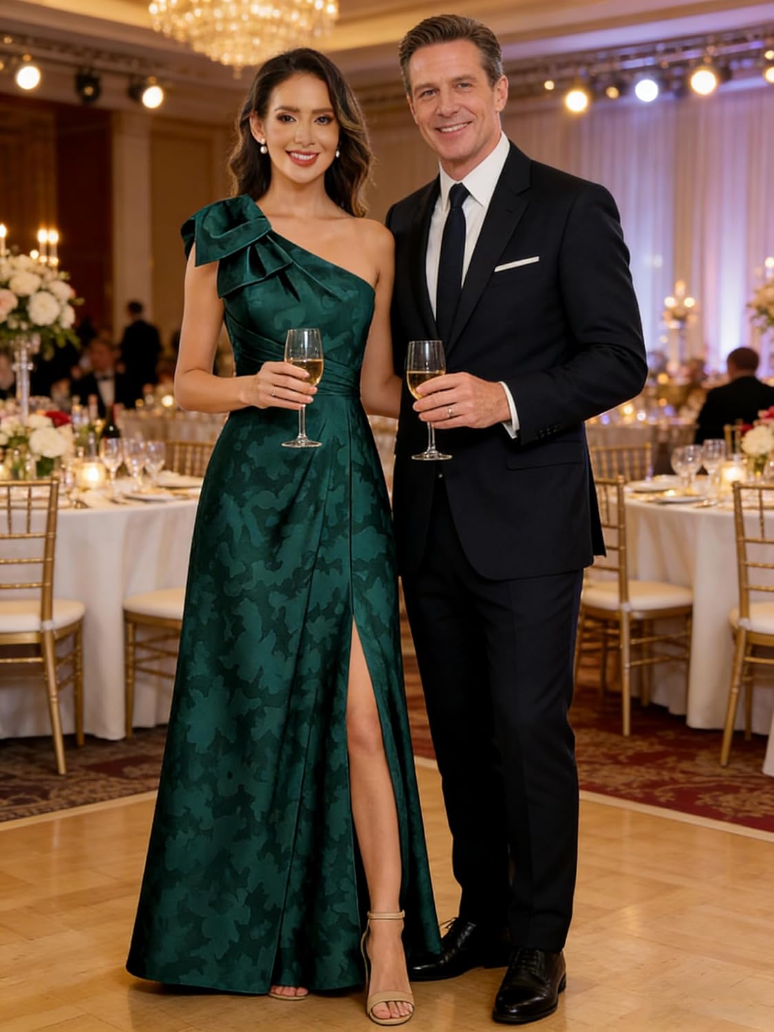 Mother of The Bride Dresses One Shoulder A Line Pleated Chiffon Floral Formal Evening Dress with Slit