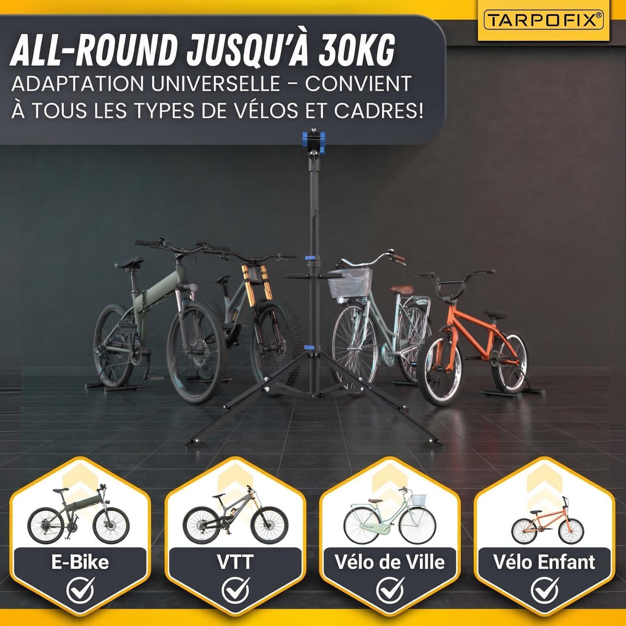 Tarpofix® Pied Atelier Velo Premium jusqu’à 30 kg | Support Velo Atelier pour Réparation VTT Electrique | Pied d'atelier Vélo Réglable avec pince rotative 360° | Support Réparation Vélo Robuste | Bleu