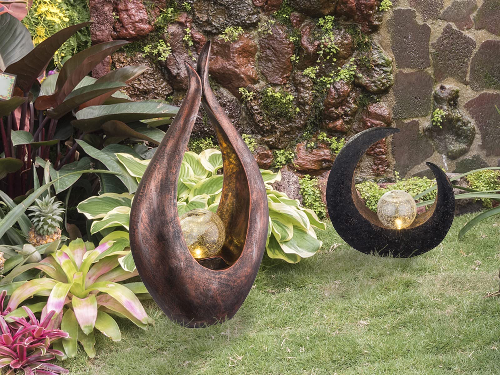 Set di 2 luci solari a LED con sfera in vetro crackle, colore bronzo, altezza 50 cm, effetto pietra, altezza 30,5 cm