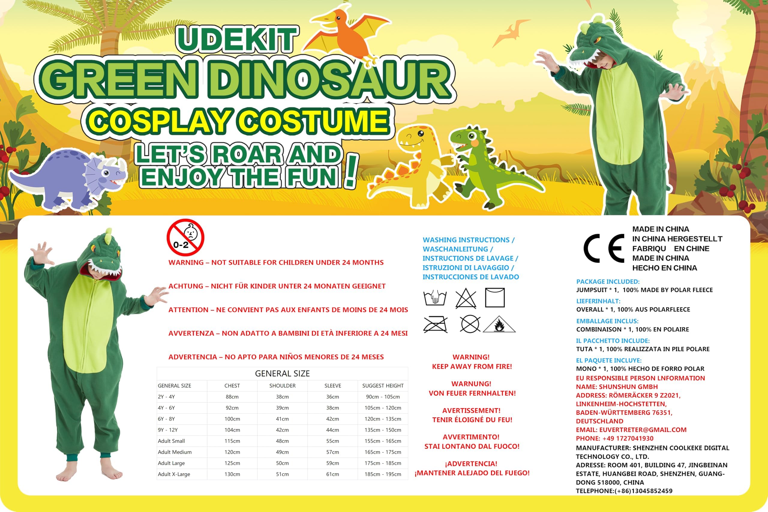 Tutina con Animali dei Cartoni, Dinosauro Pigiama Carino, Pagliaccetto, Costume Cosplay per Carnevale e Feste di Halloween per Bambini da 2 a 4 Anni