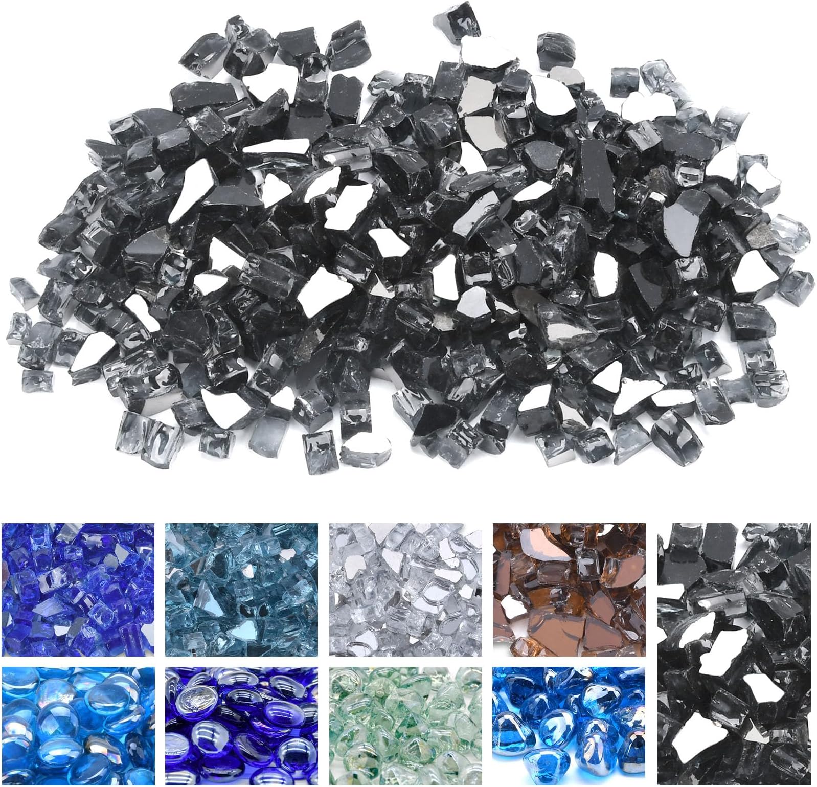 GasSaf1/2 Inch Fire Glass Reflective Tempered Fireglass Cut Crushed FireGlass for Fire Pit, Fireplace and fire Pit Table (20 Pound)(Black Reflective)