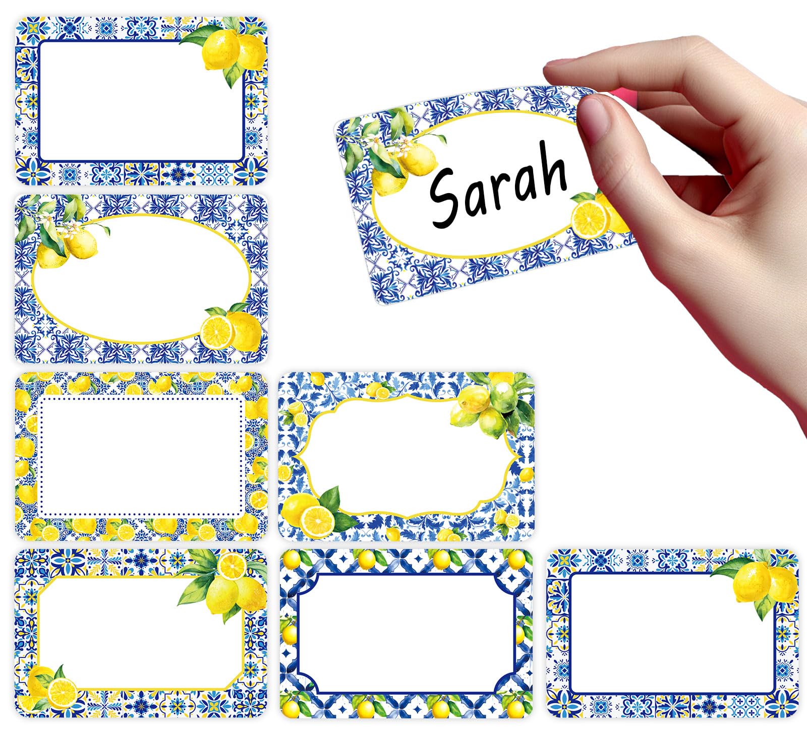 Whaline 180 Pcs Capri Lemon Name Labels Classroom Bulletin Board Label Decals Yellow Lemon Blue Tiles Name Tag Stickers for Spring Summer Office School Desk Wall Decor