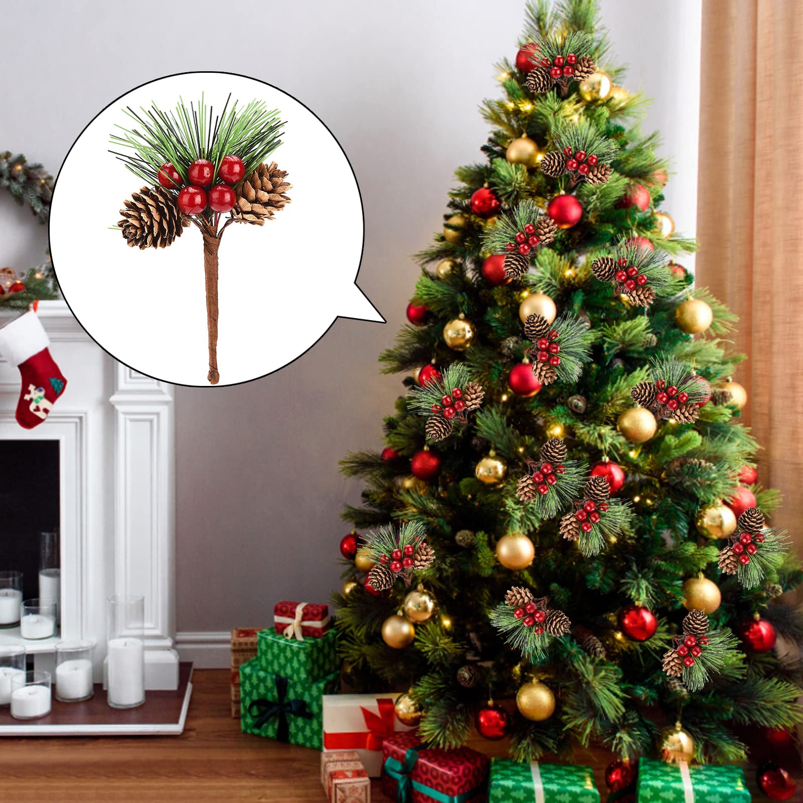 Amazon｜20個 人工レッドベリー松ぼっくり 松葉茎ピック、赤いベリー茎