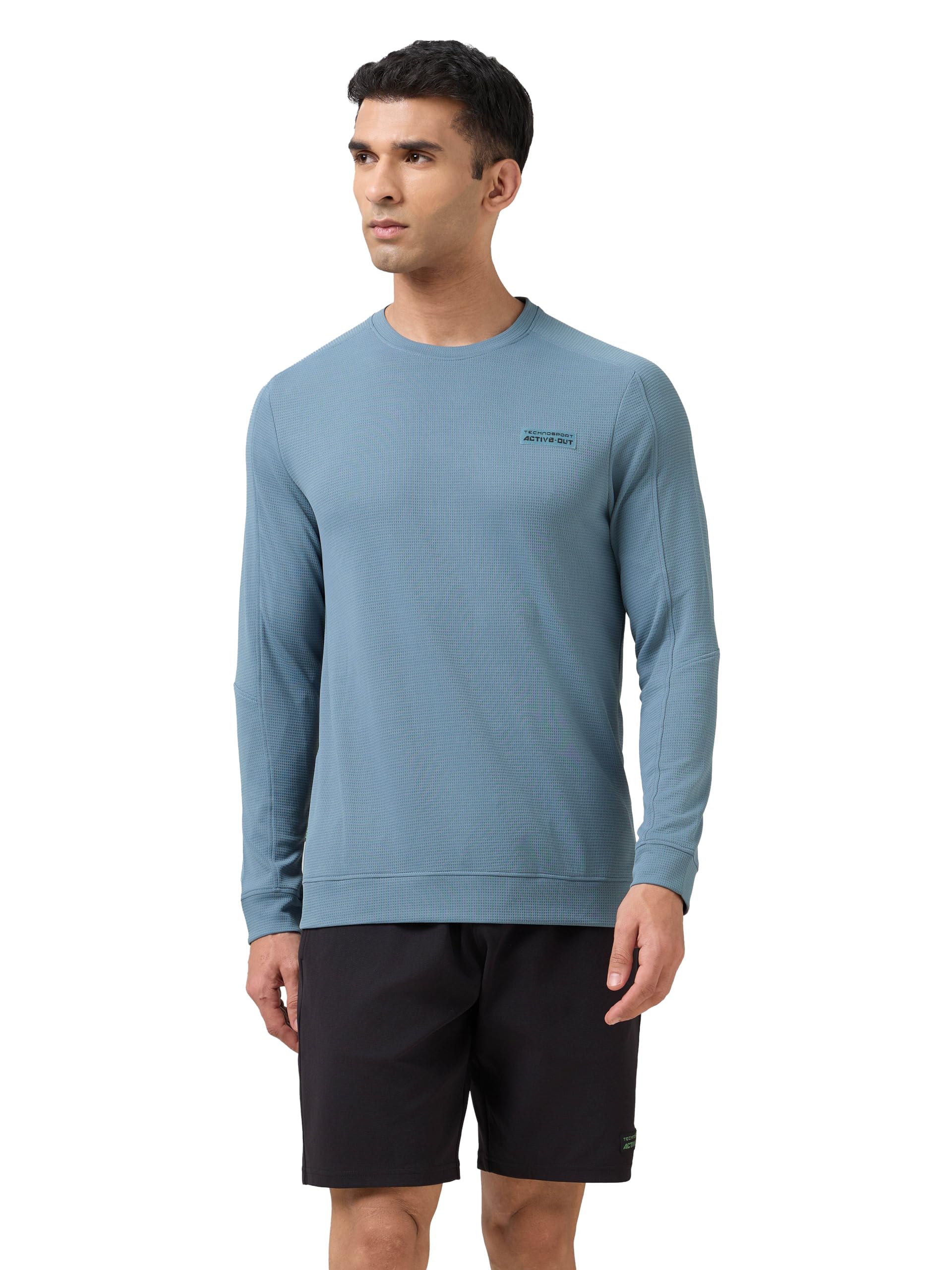 Men's Slim Fit Textured Crew Neck Full Sleeve Active Out Cubix T-Shirt for Gym, Sports & Regular Use