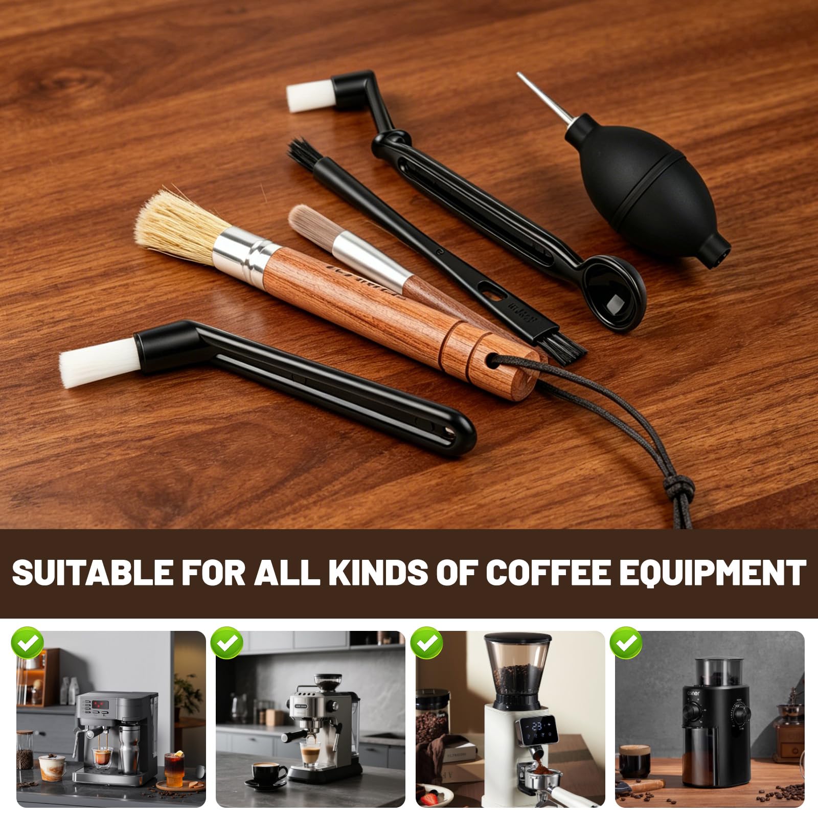 Kit de limpieza para molinillo de café, juego de cepillos para máquina de café expreso, 6 piezas con cepillo de cabeza de grupo, cepillo de largo alcance, cepillo de madera de nogal, soplador