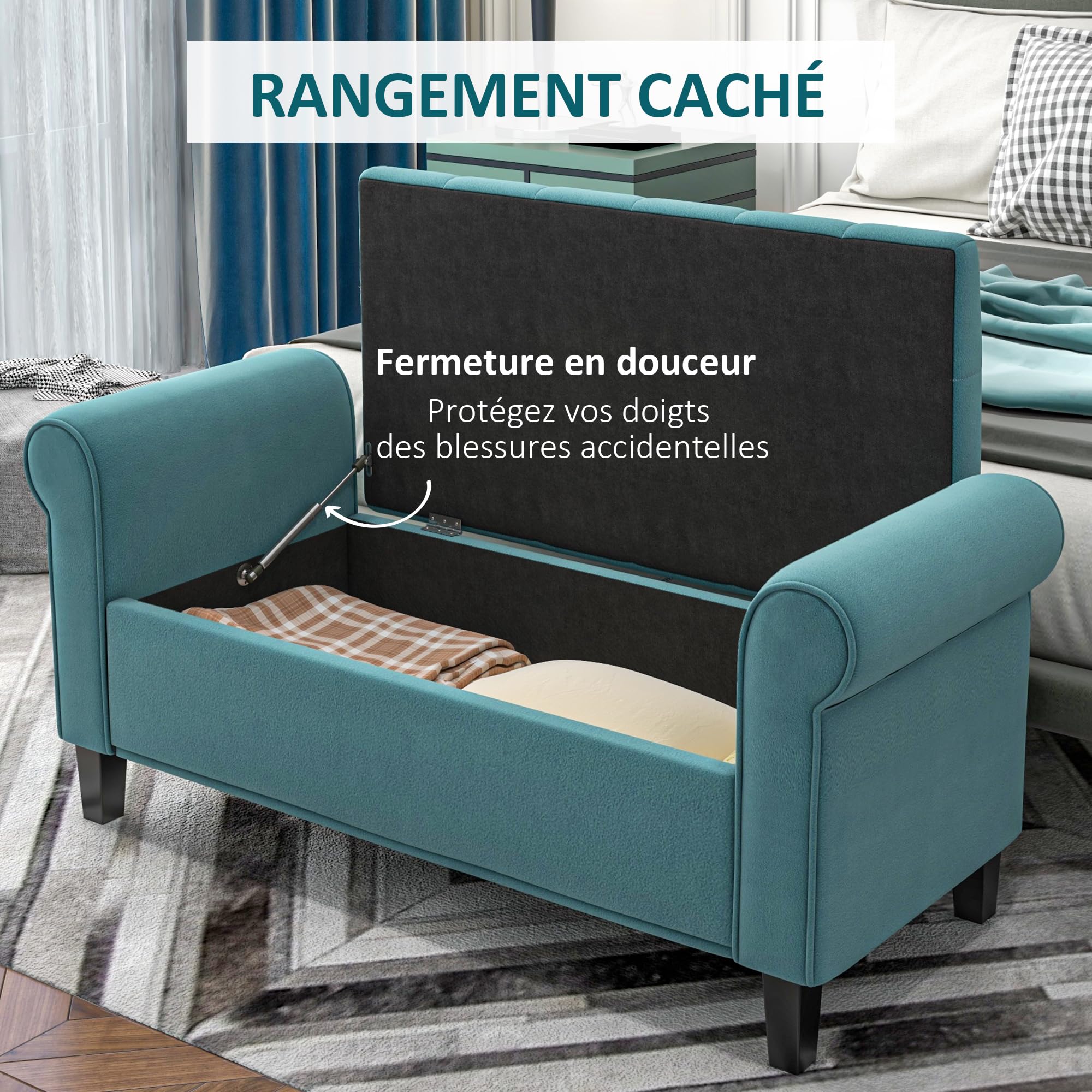 HOMCOM - Banco de almacenamiento para cama con reposabrazos, baúl de almacenamiento de tela aterciopelada acolchada y acolchada, carga hasta 120 kg, para salón, dormitorio, entrada, 126 x 48,5 x 57 cm