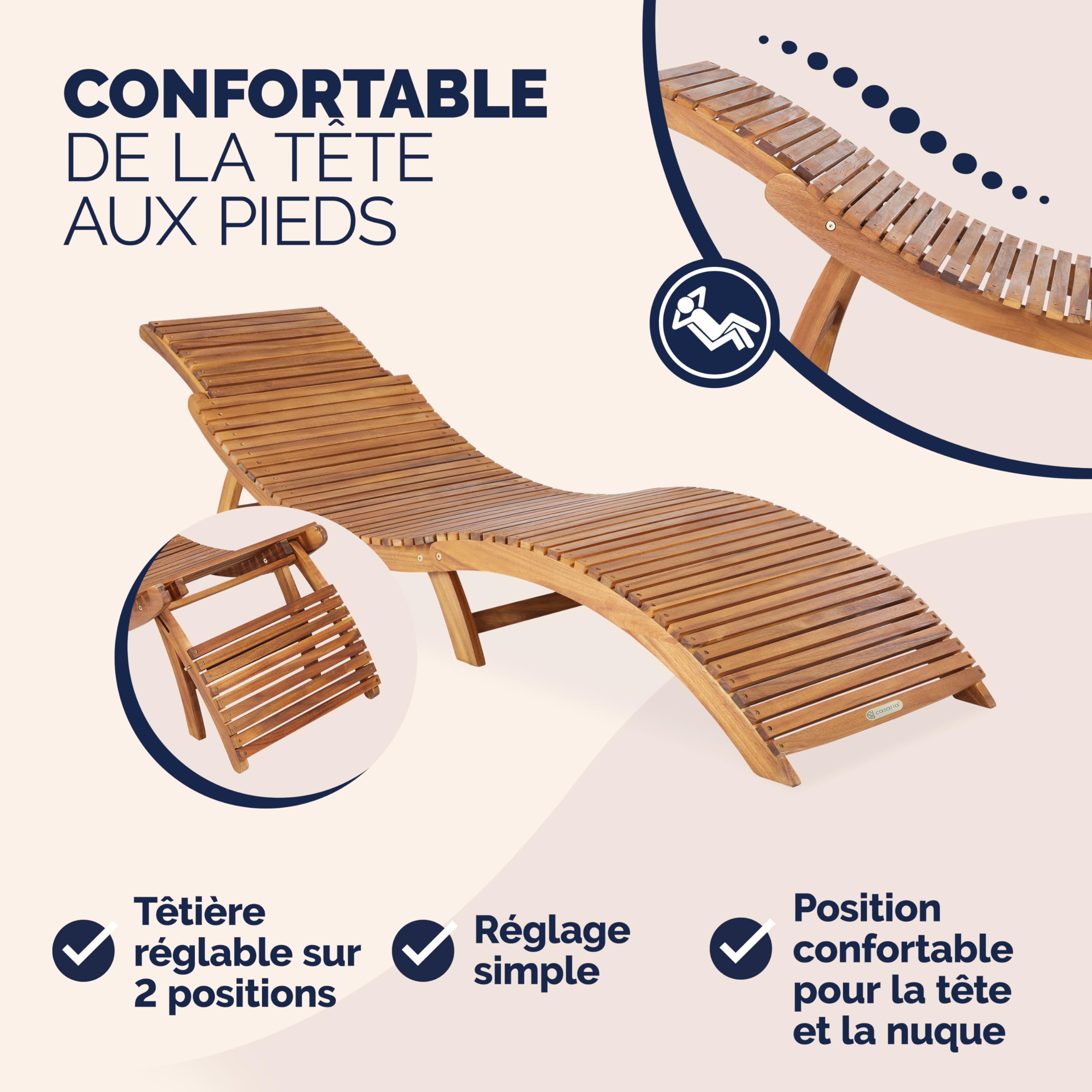 Casaria 2X Chaise Longue en Bois d'acacia Pliable 160kg Poignée Transport Chaise Longue Jardin Ergonomique Chaise Bois Fonction Valise Certifié FSC