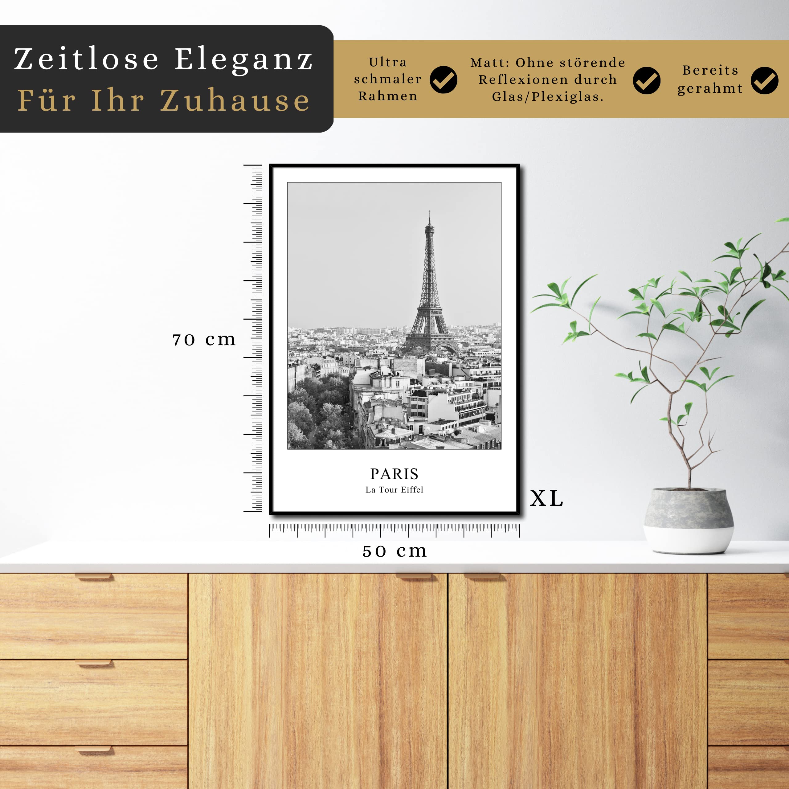 daazoo Rahmenbild Paris La Tour Eiffel | Wandbild mit Rahmen schwarz Hochformat | Bild Poster Stadt | Herbst Eiffelturm hell | Geschenkidee | Wohnzimmer Büro | schwarz weiß | 50 x 70 cm