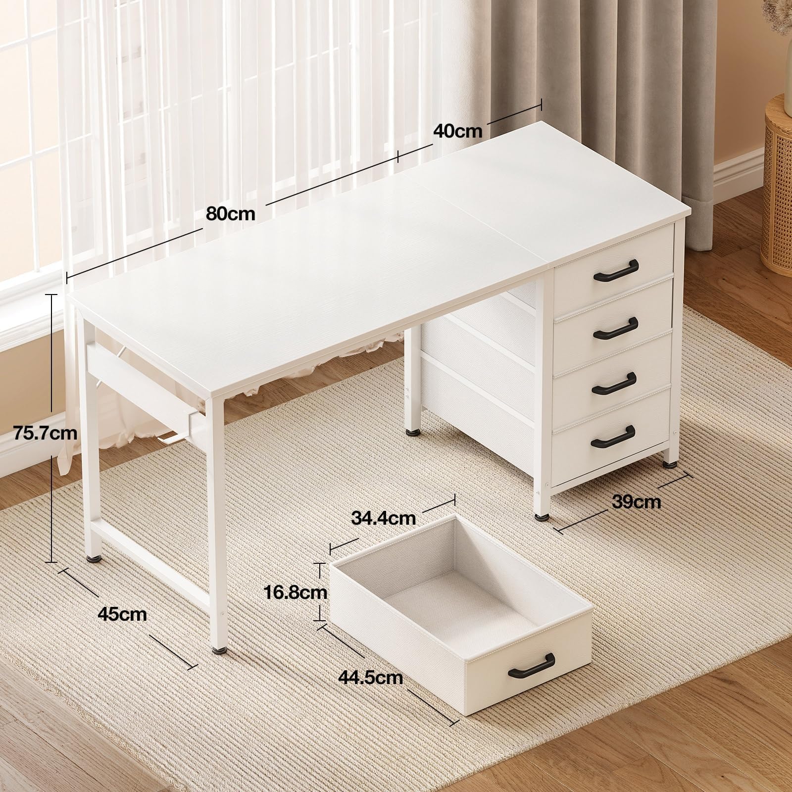 ODK Scrivania con 4 Cassetti in Tessuto, 120x48cm Tavolo per Computer con Gancio per Cuffie, Scrivania Ufficio Reversibile per Uffici e Postazioni di Lavoro, Bianco