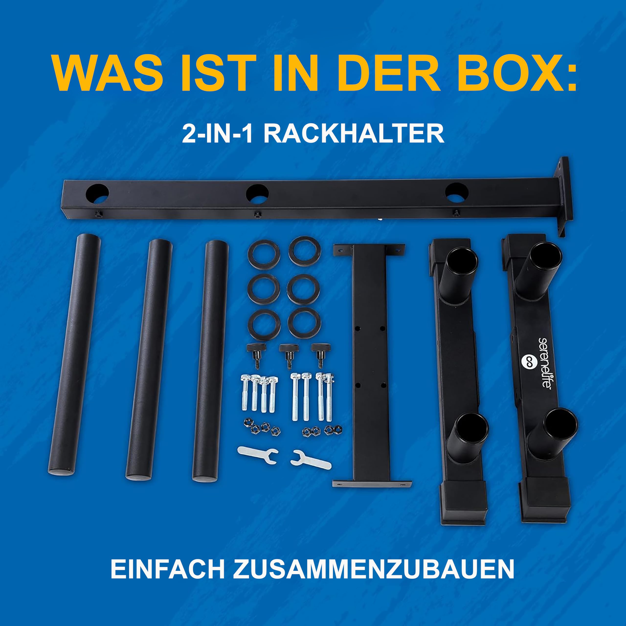 SereneLife Hantelscheibenständer mit Langhantelhalter – Hantelständer zur Aufbewahrung von Gewichten – 360 kg Belastbar, 6 Plate-Posts, 2 Hantelstangenhalter, pulverbeschichteter Stahl