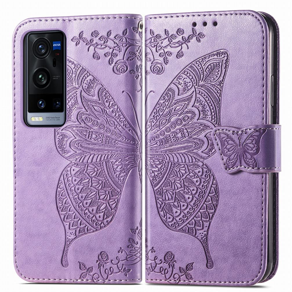 LEMORRYCase for Vivo X60 Pro Plus Phone Case, Vivo X60 Pro Plus Leather Case Wallet Flip Shell Slim Fit Bumper Magnetic Kickstand Card Slot Soft TPU Cover for Vivo X60 Pro Plus, Light Purple