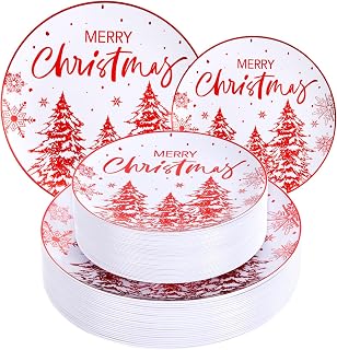 WONDERFUL 60 Pcs Christmas Plastic Plates Holiday Plates Disposable Red Christmas Tree Design Include 30 Dinner Plate &30 Dessert Plate Xmas Party Supplies