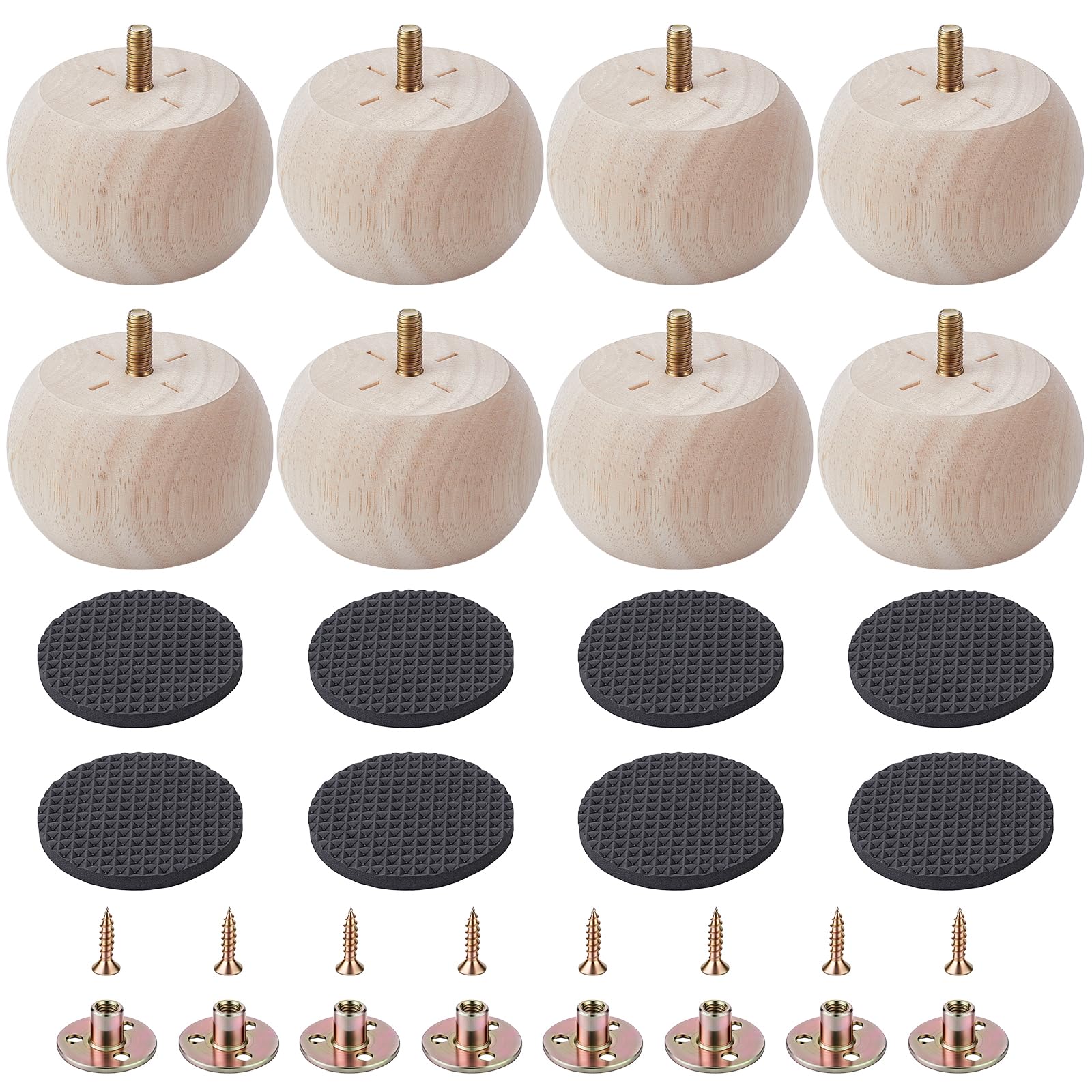 INTERWARM 8 Pcs Round Furniture Legs,7.25cm Bun Feet for Furniture,Modern Couch Feet for Couch Chair Sofa Dresser Desk Table Cabinet Bed Bookcase (Wood)