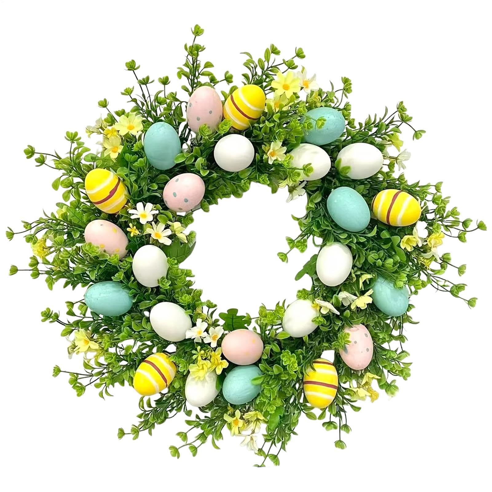 Corona primaverile pasquale – Piante verdi artificiali con uova come decorazione, 50 cm, per porta, finestra, tavolo, ingresso, cucina, soggiorno, camera da , festa, festa