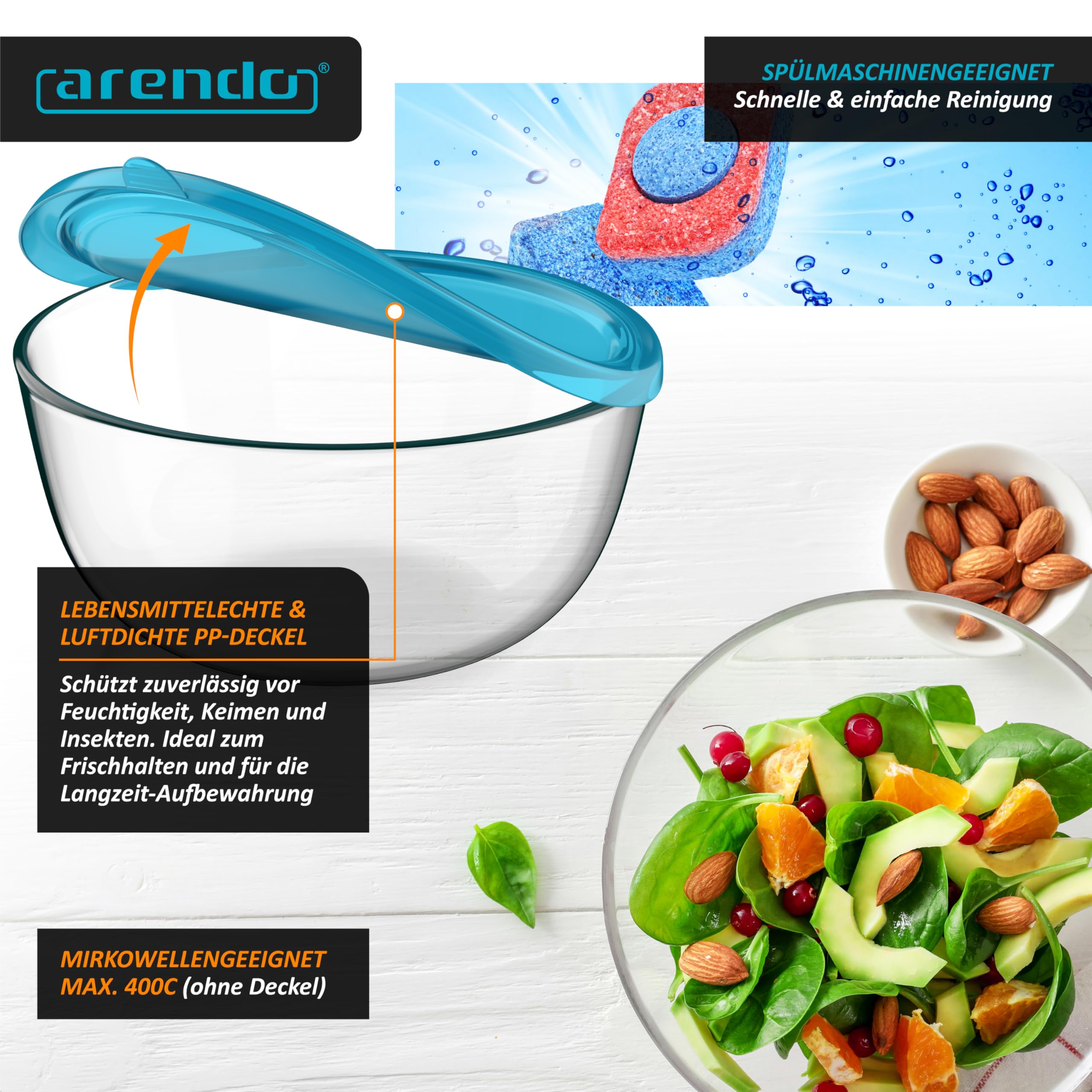 Arendo - Salatschüssel aus Glas mit Deckel - Glasschüssel 5er Set - 1000ml + 1500ml + 2000ml + 2700ml + 4400ml – Rührschüsseln klein bis groß – Borosilikatglas - Glasschale Salatglasschale