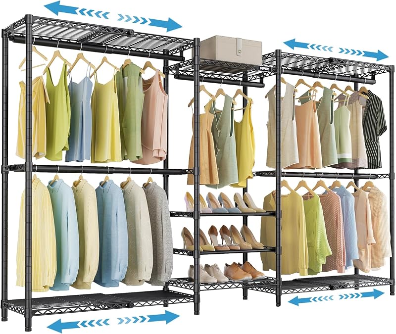 X3S Expandable Closet System, Heavy Duty Freestanding Closet Organizer with Shoe Shelves, 5 Hanging Rods & 8 Adjustable Shelves, Fits 5.10 to 8.8 FT, Black