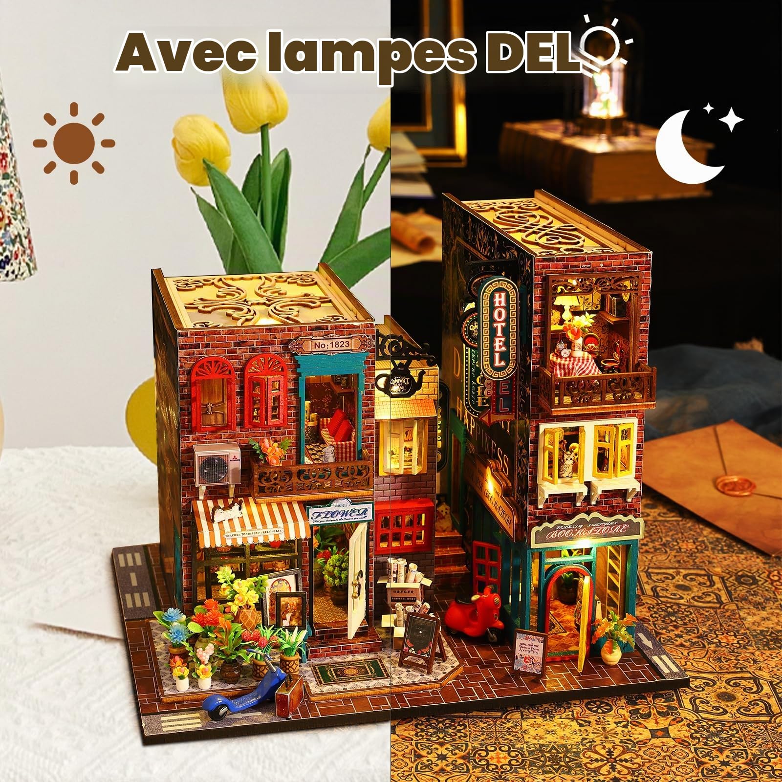 DIY Miniature Maison, Hôtel Scarborough Puzzle 3D en Bois avec Lumière LED Musique, Kit de Maison de poupée pour Adultes, Maquette à Décoration pour Bibliothèque, Cadeau d'anniversaire
