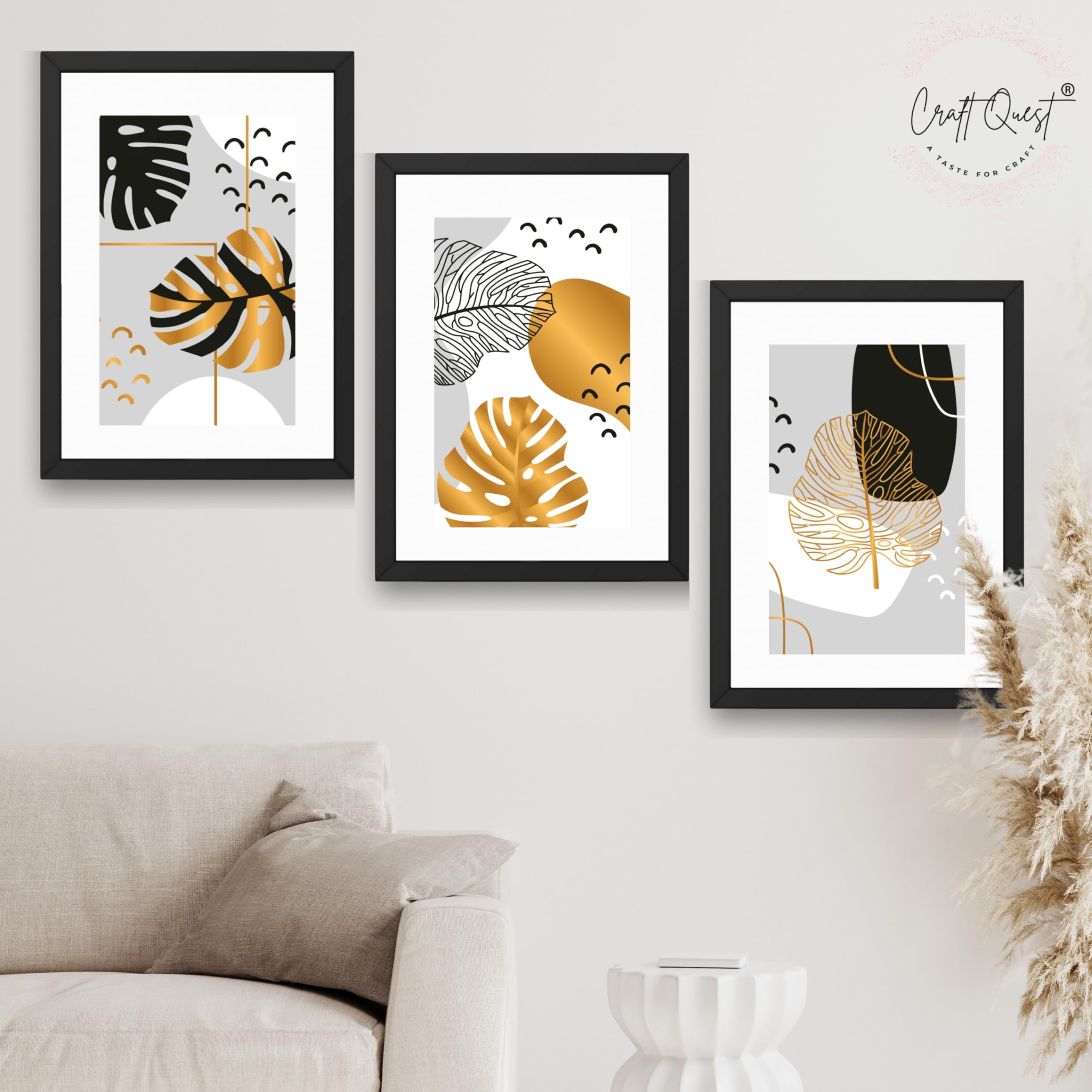 CRAFT QUEST Wall Art Decor Paintings | Set of 3 Abstract Wall Art Frames for Home Decoration | Ideal for Living Room, Bedrooms & Offices (Black, 10 X 13 Inch Each Frames)