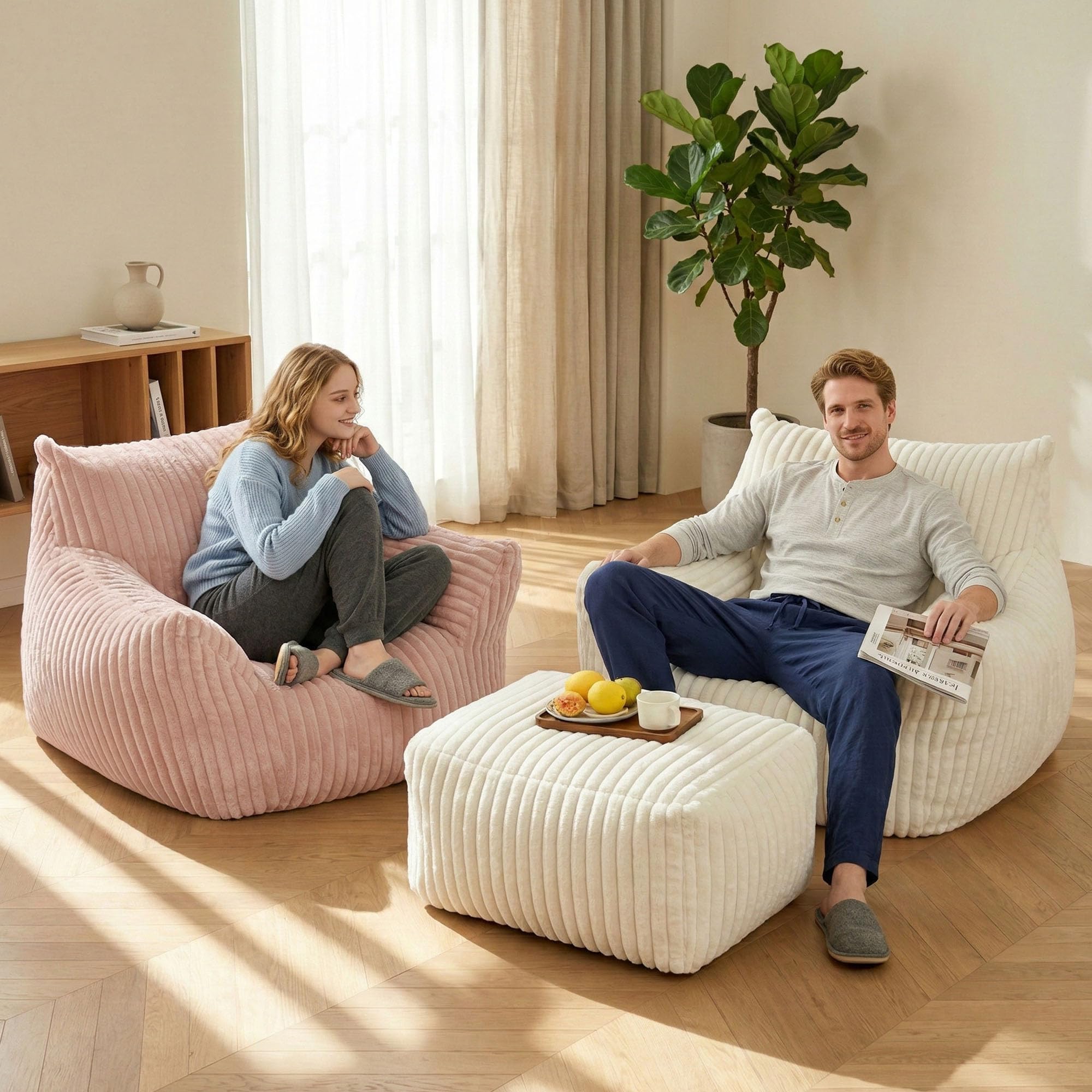 GRAVFORCE Schlafsofa mit Rückenlehne und Fußstütze, XXL Sitzsack Sessel mit Hocker für Erwachsene, Relaxsessel Lazy Sofa, Indoor-Sitzkissen für Schlafzimmer Wohnzimmer, Wintergarten (Rosa)
