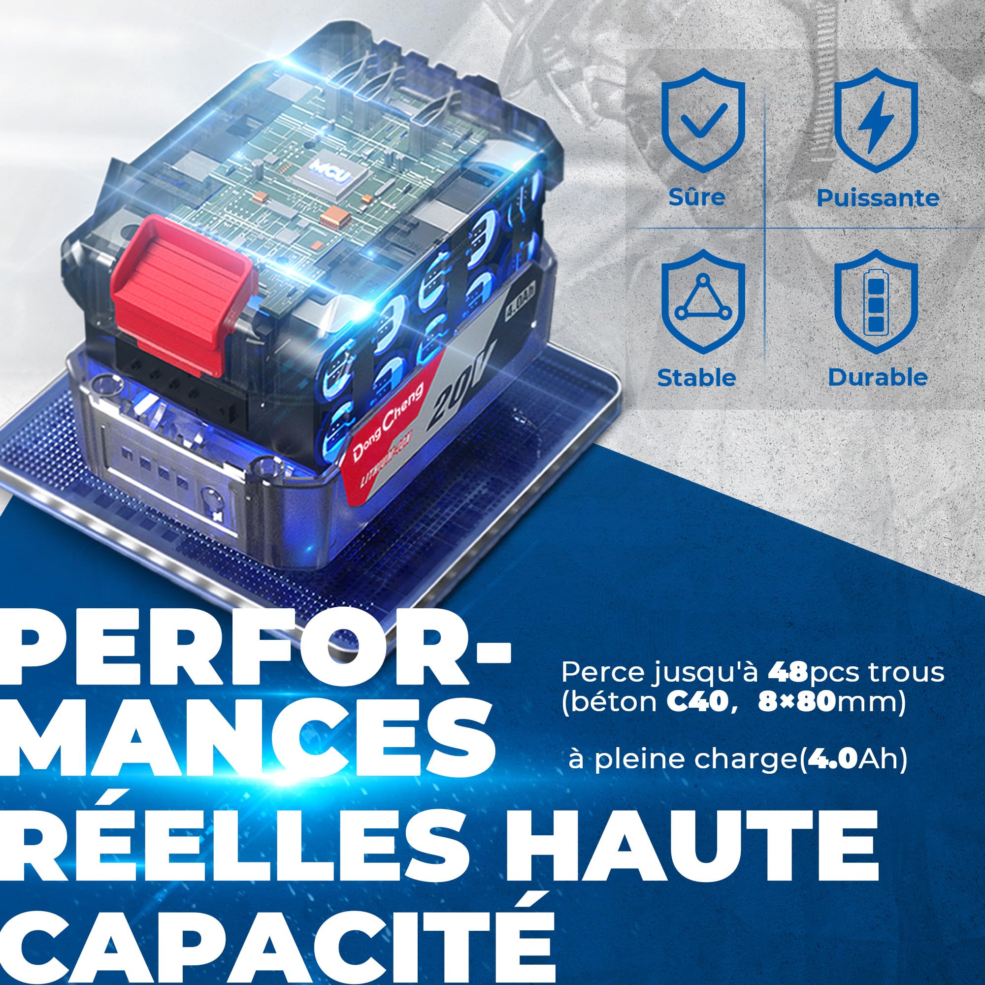 Dong Cheng Marteau perforateur sans fil 18V, énergie de frappe 2,8 J, avec 4 bits SDS-plus, diamètre de perçage maximum 28 mm, moteur de marteau perforateur sans balais, poignée anti-vibration