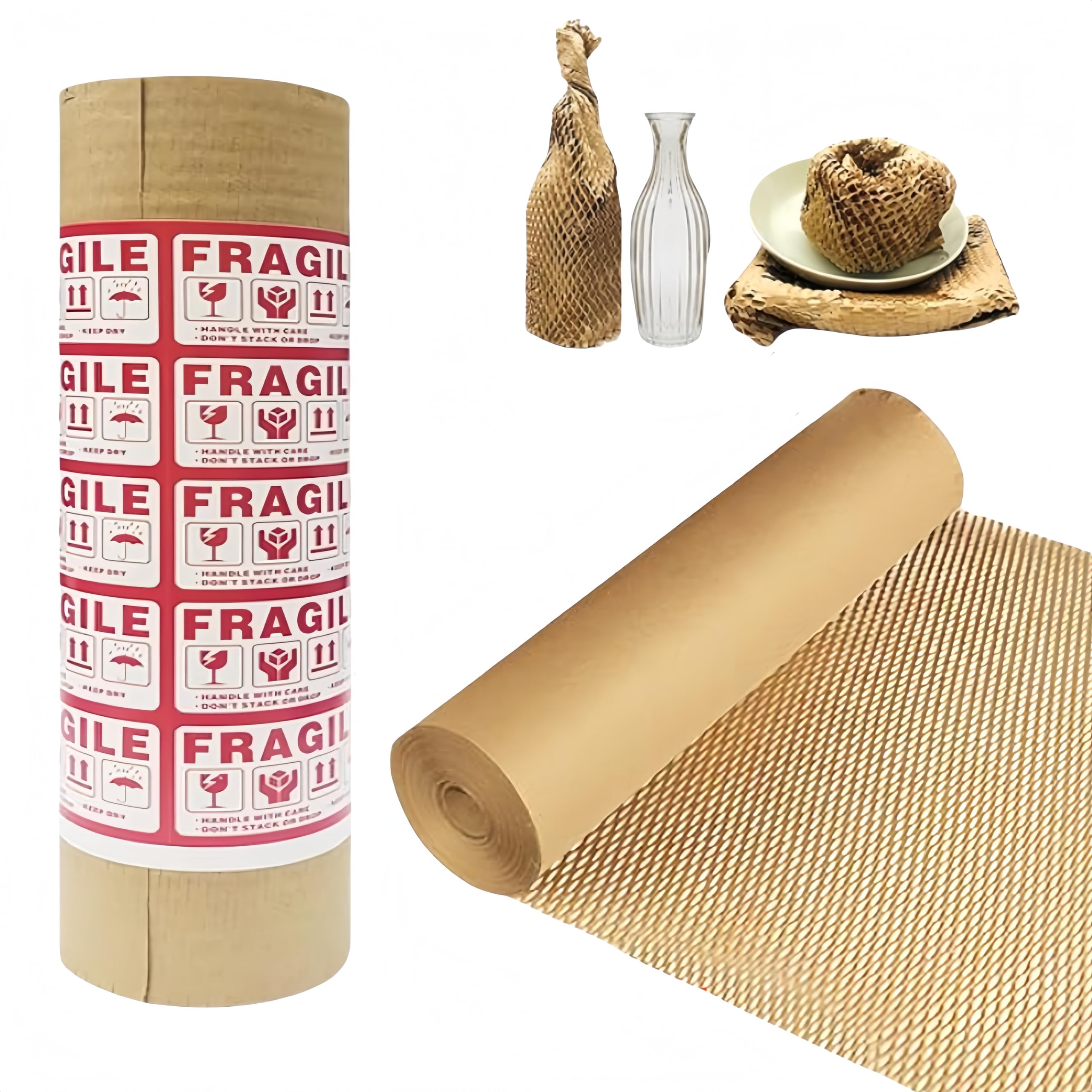 Dish Packing Kit Moving Supplies 15" x660' Honeycomb Wrapping Paper, Large Recyclable Expandable Bubble Cushion Wrap Roll Packing Material for Fragile Items Breakables Plate Glassware Bottle, 80GSM