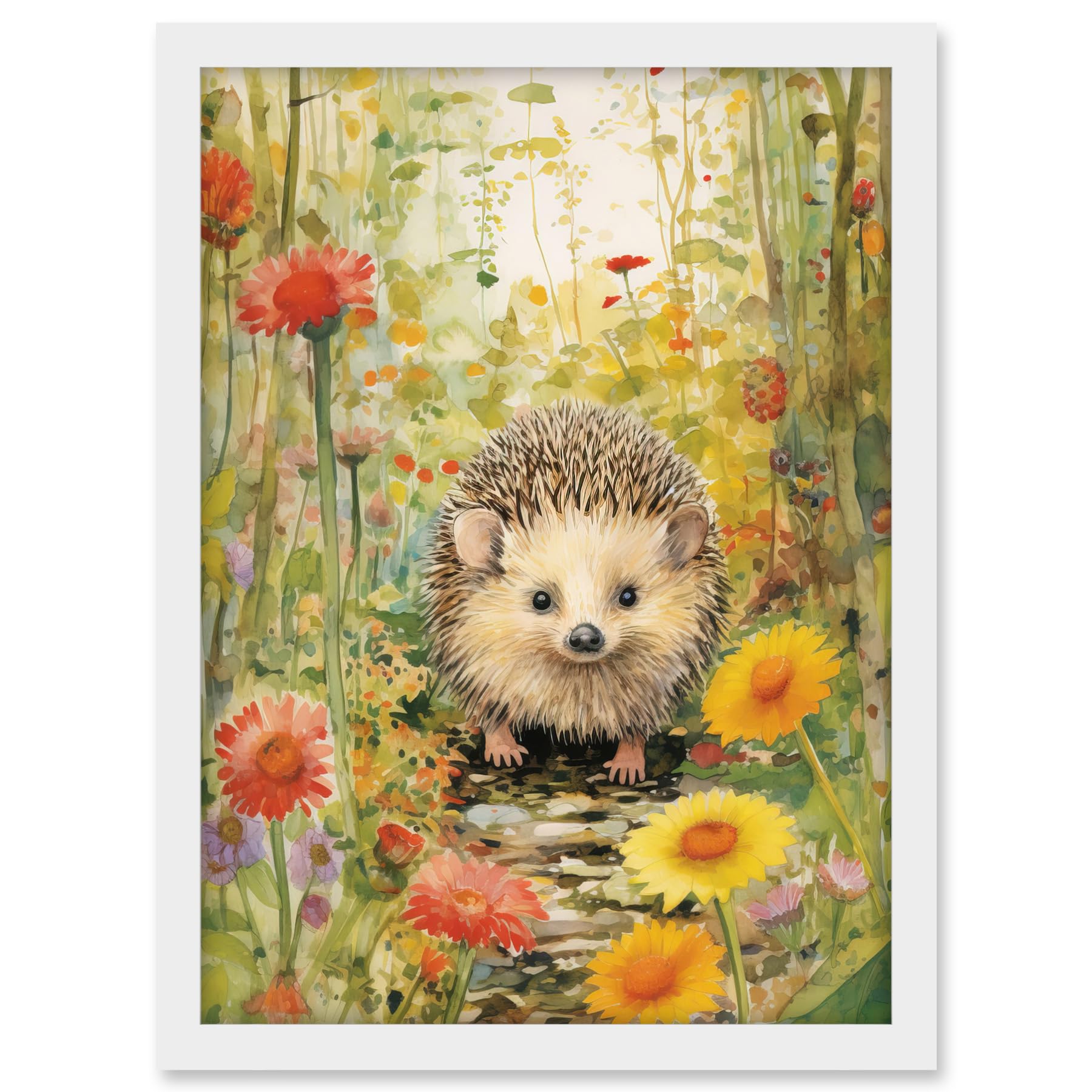 Artery8 Adorable Hedgehog in a Wildflower Meadow Watercolour Painting Kids Bedroom Cute Woodland Creature Artwork Framed A3 Wall Art Print