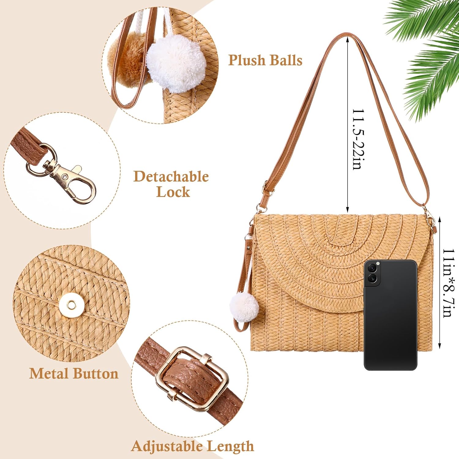 JaGely 2 Pack Women Straw Crossbody Bag Straw Clutch Rattan Purse for Women with 2 Pairs Rattan Earrings for Summer Beach Holiday Accessories - Image 4