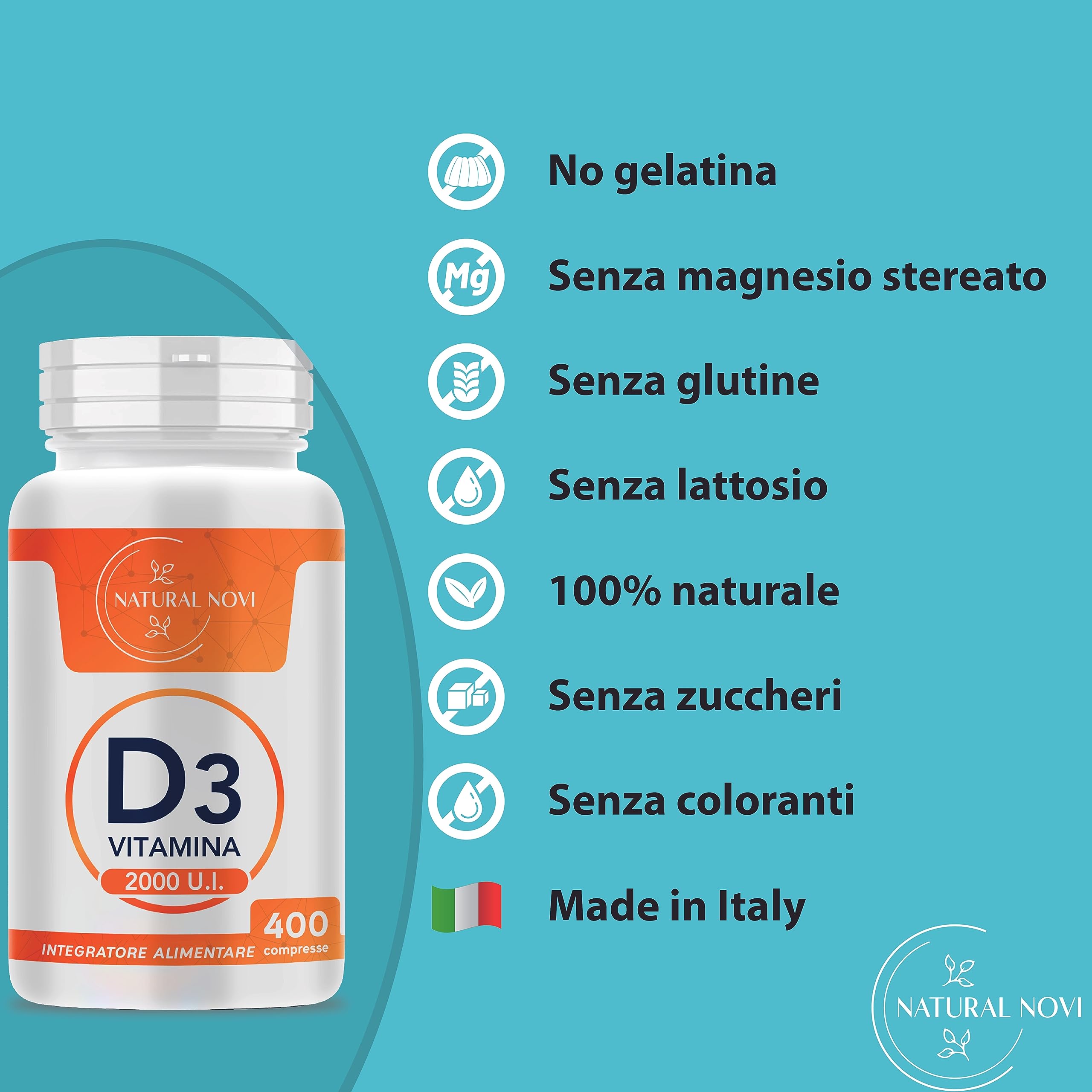 Vitamina D 2000 UI 400 compresse ALTO DOSAGGIO (oltre 1 anno di scorta) VITAMINA D3 al supporto di sistema immunitario, muscoli, denti, ossa