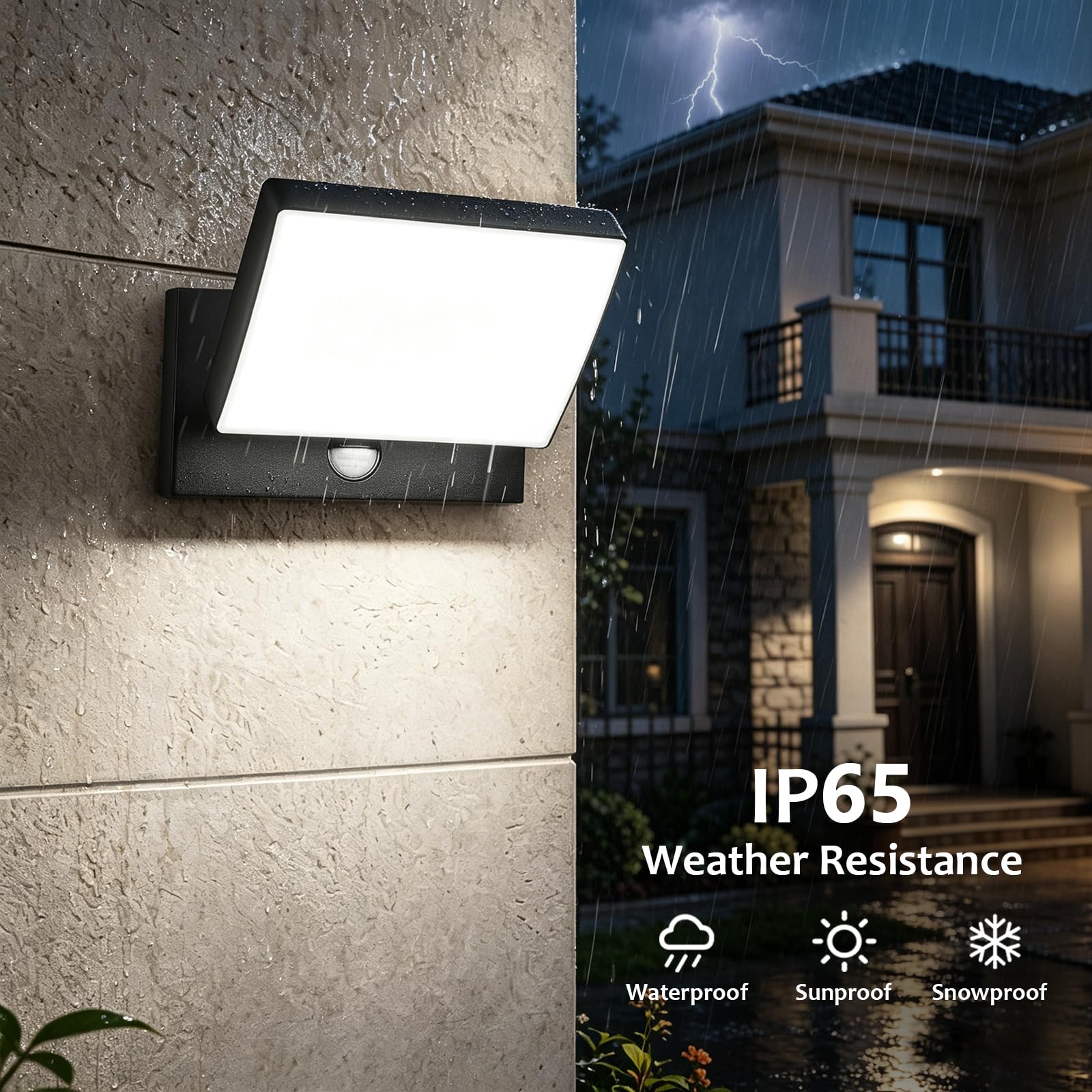 24W LED Außenlampe mit Bewegungsmelder, IP65 wasserdichte Wandleuchte, 3000K/4000K/6000K, Schwenkbares LED-Panel (240° vertikal), Dämmerungsbetrieb, Aluminium, für Terrasse, Garage, Eingang, Schwarz